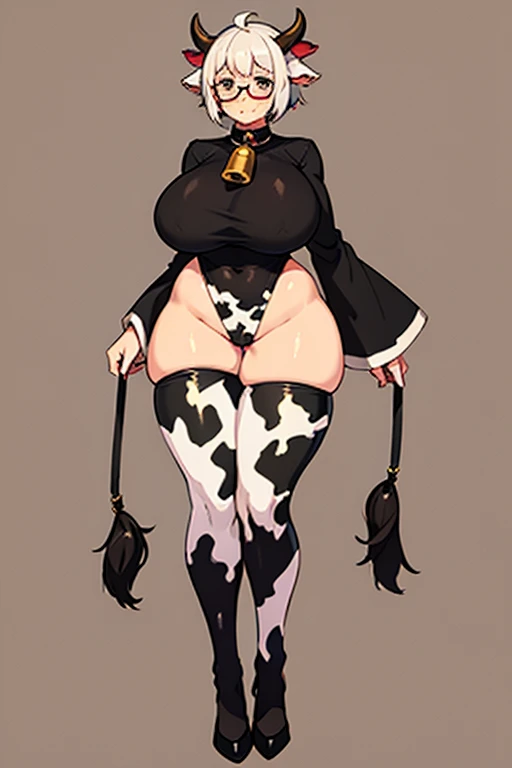 mother and daughter, cow girl, wide hips, cow ears, cow horns, bell, collar, huge breasts, cow pattern clothes, revealing clothes, standing, full body, short hair, curvy, glasses, blushing face