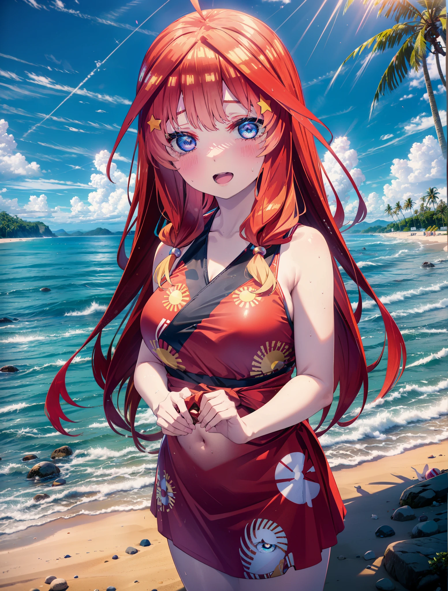 itsukinakano, Itsuki Nakano, bangs, blue eyes, Hair between the eyes, Ahoge, Redhead, star \(symbol\), hair ornaments, star hair ornaments,Big Breasts,Long braids,happy smile, smile, Open your mouth,Belly button,Red Bikini Swimsuit,Pareo Swimsuit,A long light red blanket is wrapped around his waist., barefoot,(Beach salon),  Big Breasts,((salon)), Beach outfit,Real Summer,Palm tree,whole bodyがイラストに入るように,Looking down from above,
break outdoors, Beach,
break looking at viewer, whole body,
break (masterpiece:1.2), highest quality, High resolution, unity 8k wallpaper, (shape:0.8), (Beautiful and beautiful eyes:1.6), Highly detailed face, Perfect lighting, Highly detailed CG, (Perfect hands, Perfect Anatomy),