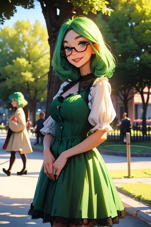 A green haired woman with violet eyes and glasses with an hourglass figure in a cute lolita dress is smiling while leaning forward at the park