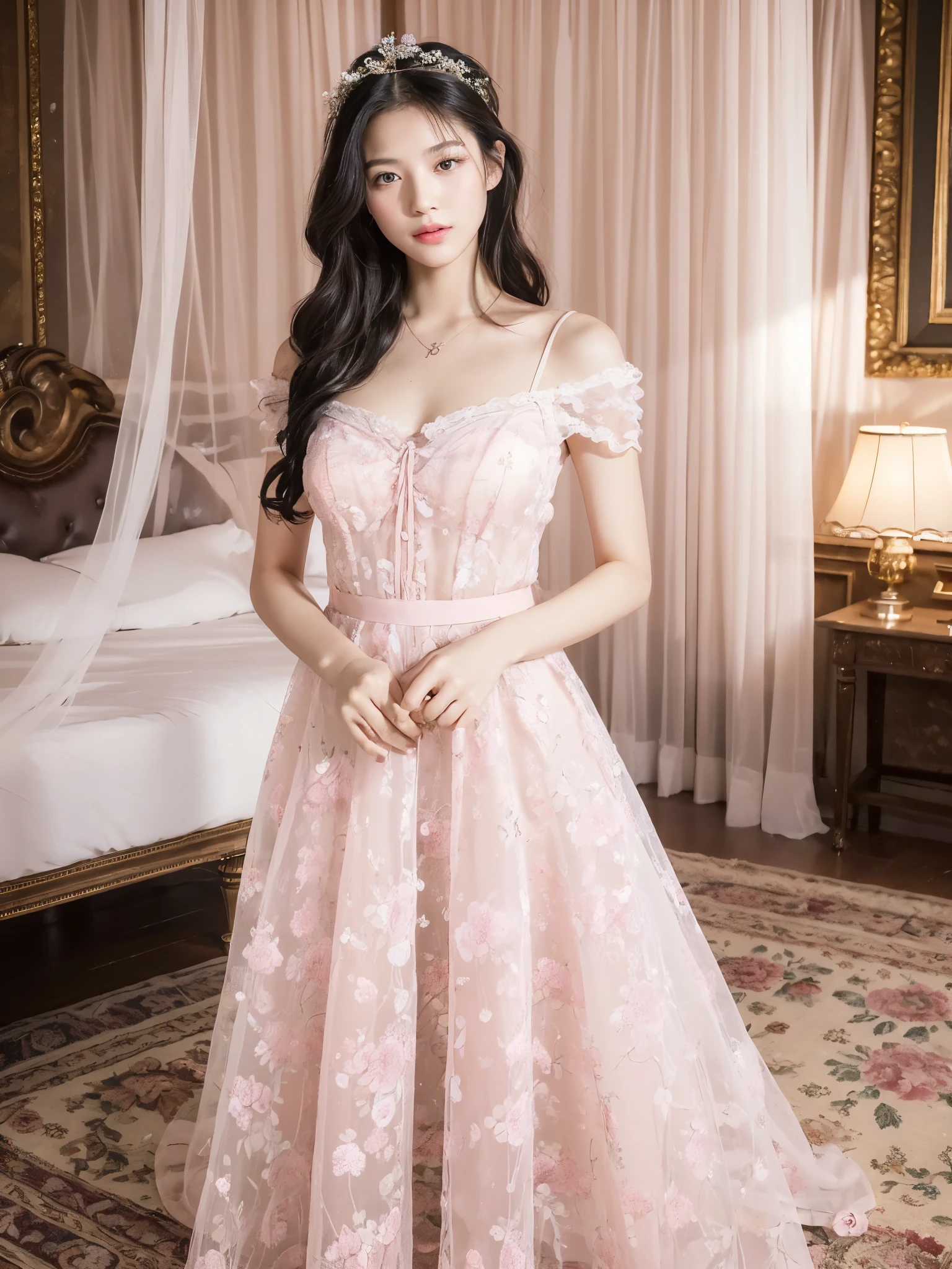 (((masterpiece))), (((highest quality: 1.4))), ((Very detailed: 1.4)) , ((Genuine:1.4)), One girl,(Bright lighting,Romantic atmosphere),Dreamy Background,,Black Hair, Enchanting, , Soft Skin, Enchantingな美しさ, High-quality images, Vibrant colors,Pink floral long sheer skirt, mosquito net, romantic bedroom, Side suspension,Solobound,Blindfold,