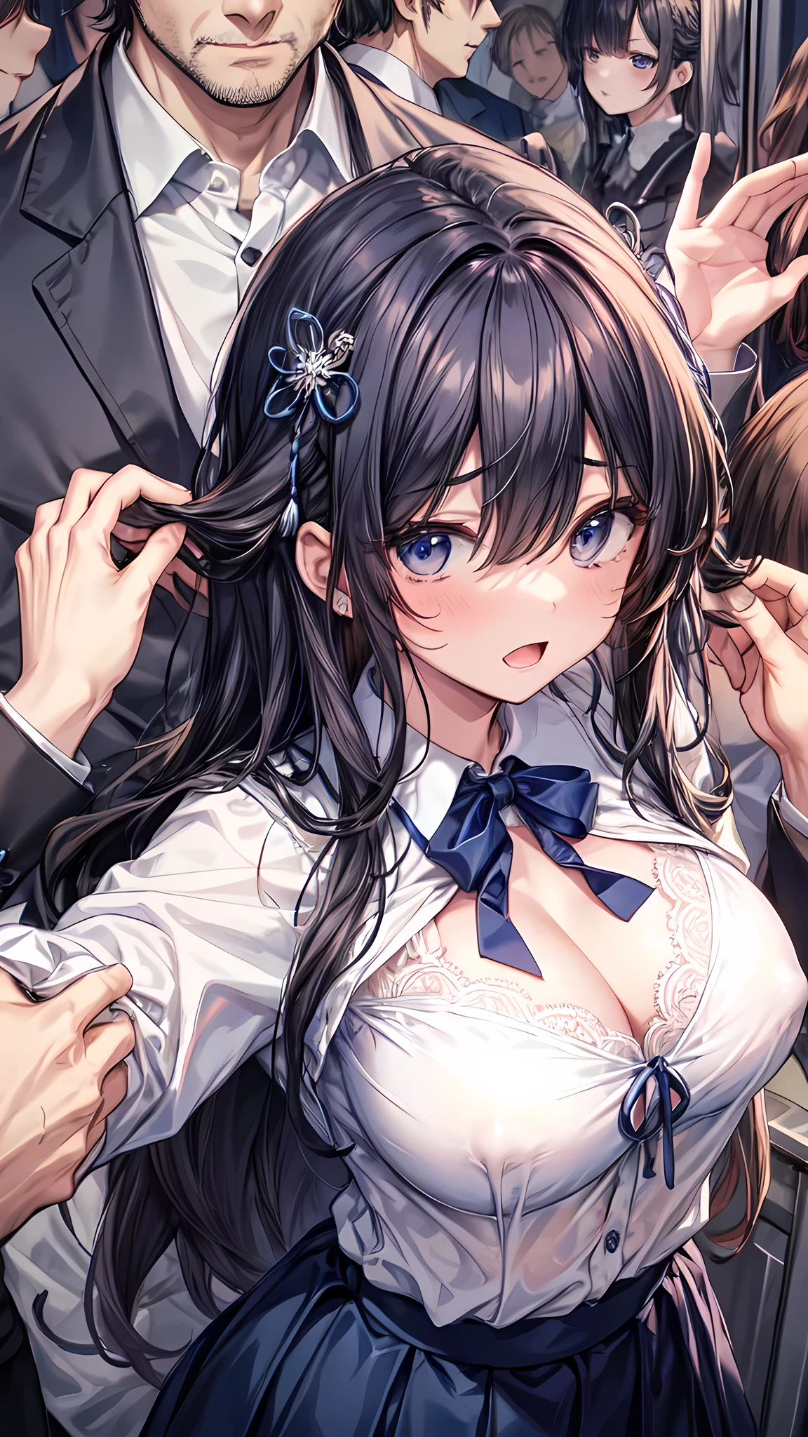 (Ultra-high resolution of the highest quality, masutepiece, Best Quality, 8K, Super Detail, Best Quality:1.3), (1 girl:1.2), (large breasts:1.1), (drooping eyes), blush cheek, long hair, (black hair), ribbon, (white blouse, unbutton blouse, navy blue skirt:1.7), (white lace bra:1.4), (school bag:1.2), (in crowded train:1.8), front view, beautiful hair, beautiful face, beautiful eyes, beautiful body, beautiful hands, (erect nipples), (orgasm:1.4), (clothed:1.6), (crying:1.4), (hair over eyes:1.6), (face focus), (looking up:1.2), (from above:1.2), (standing), (A large group of gentlemen grab the girl's chest:1.8), (arms up:1.4)