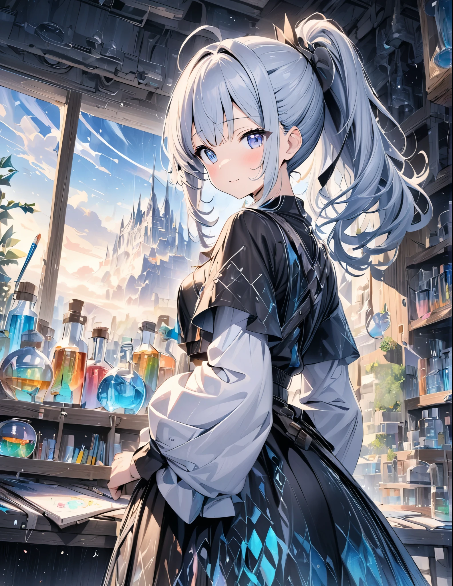 ((style:Colored pencil,pale colour))、(anime)、(masterpiece:1.2),atmospheric perspective,lens flare、Fantasy worldview、(Alchemist Girl)、A room in the laboratory、cute、(Otherworldly clothing)、ponytail