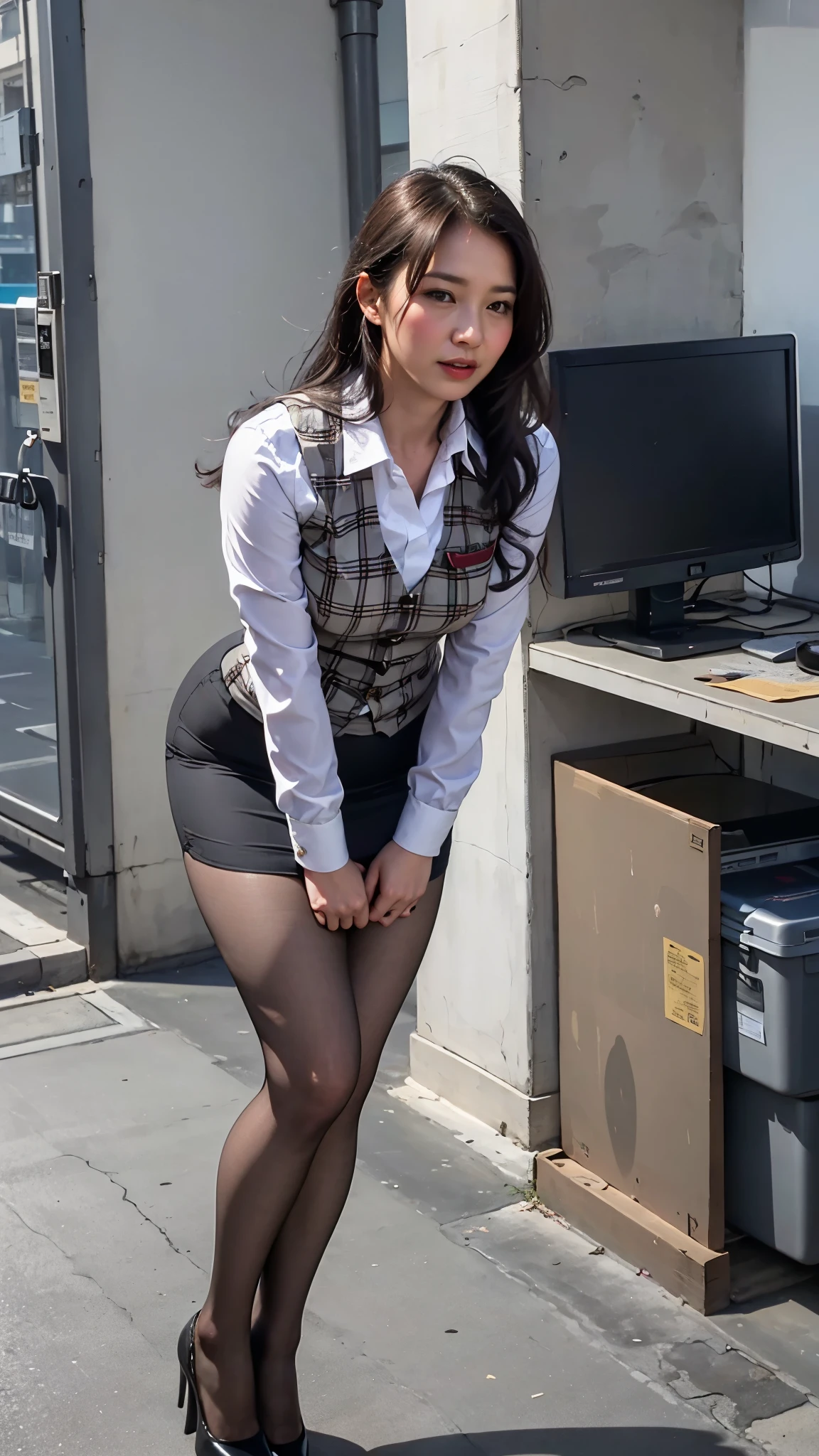 ulzzang-6500-v1.1, (RAW Photos:1.2), (Photorealistic), (Genuine:1.4), １girl、Perfect Anatomy、48 years old、Looking at the camera、Medium Long Hair、Plaid vest、((Are standing:1.3))、(Ultra-realistic pantyhose:1.2), (High heels)、(Business services)、Victim actress, shame、Shyness、evidence、Seized items、Red lips, blush,Edo Capture Techniques、 BDSM, Inside an abandoned factory, shibari, handcuffs, collar, (suspension:1.6), Arms tied, Place your arms behind your back, inhibition, Leaning forward,