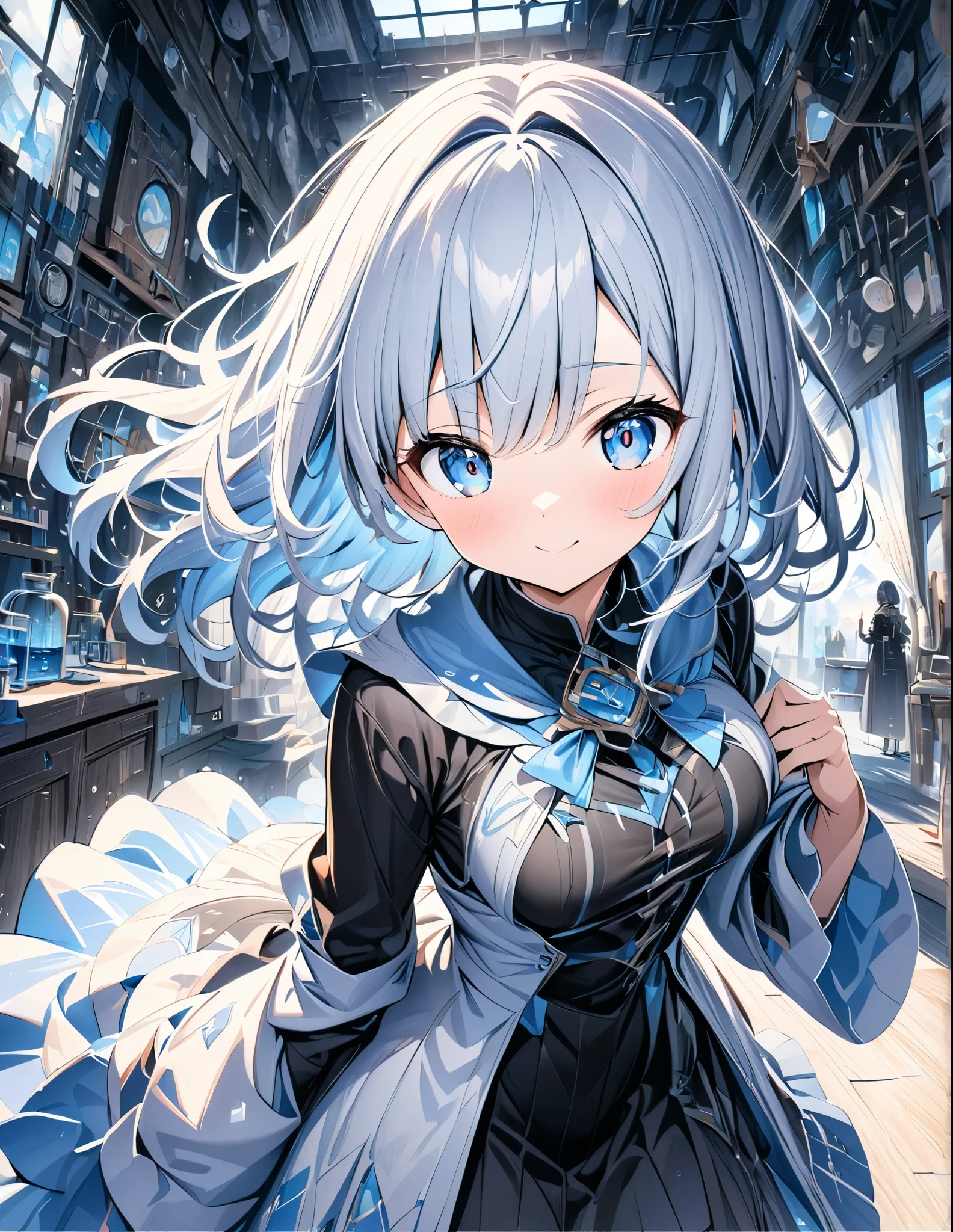 ((style:Colored pencil,pale colour))、(anime)、(masterpiece:1.2),atmospheric perspective,lens flare、Fantasy worldview、(Alchemist Girl)、A room in the laboratory、cute、(Otherworldly clothing)、Blue Eyes