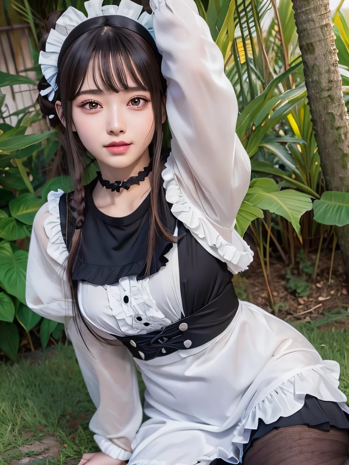 Araffe dressed in a maid outfit sitting on the grass - SeaArt AI