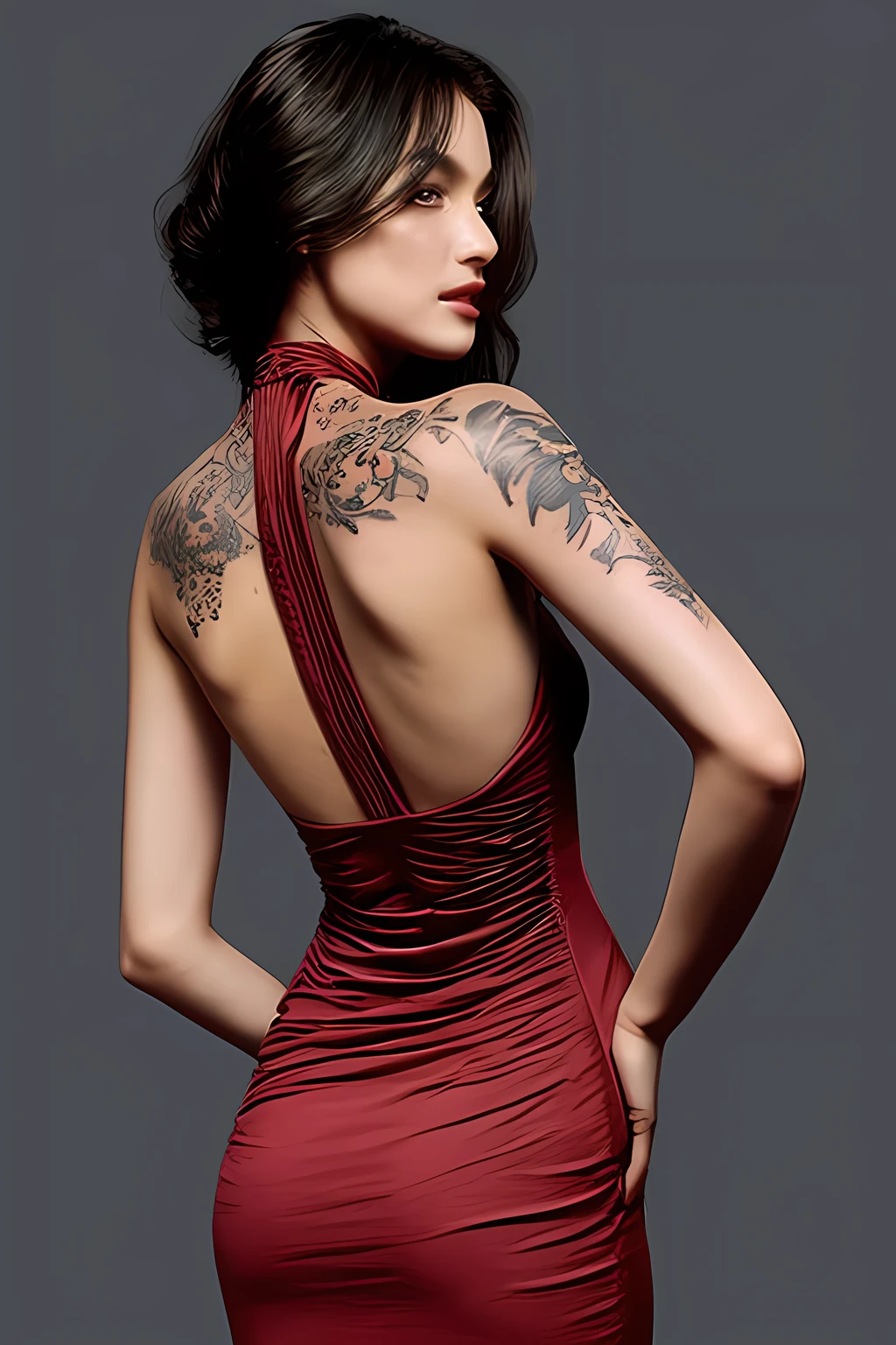 Woman's back view in a halter neck dress has a single rose tattooed on her back
