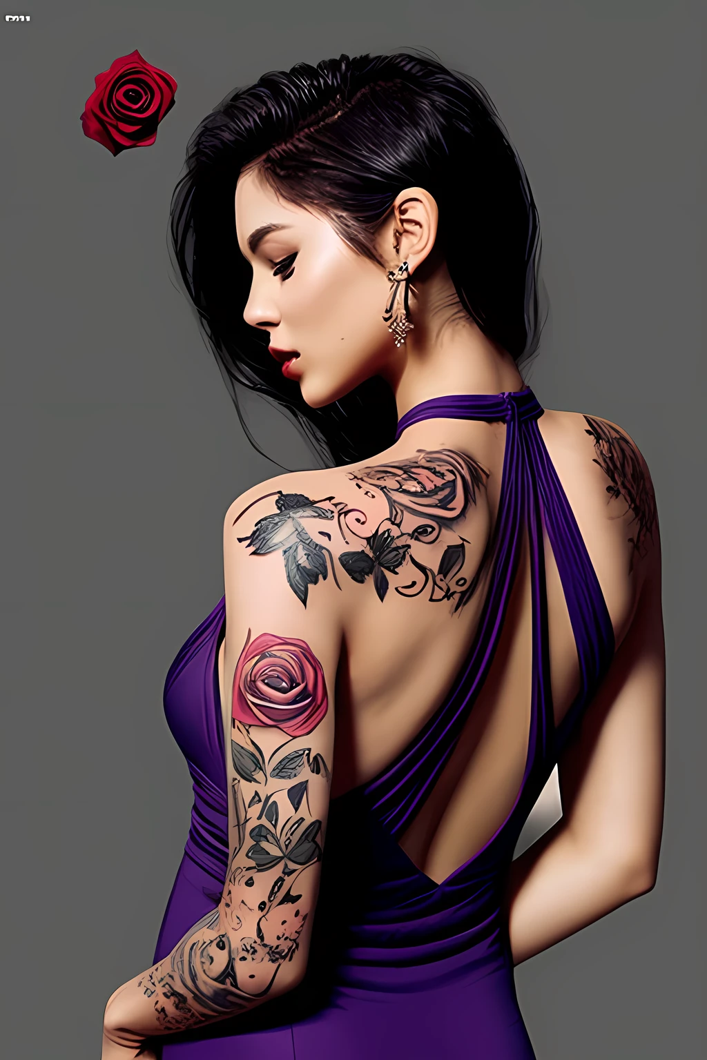 Woman's back view in a halter neck dress has a single rose tattooed on her back