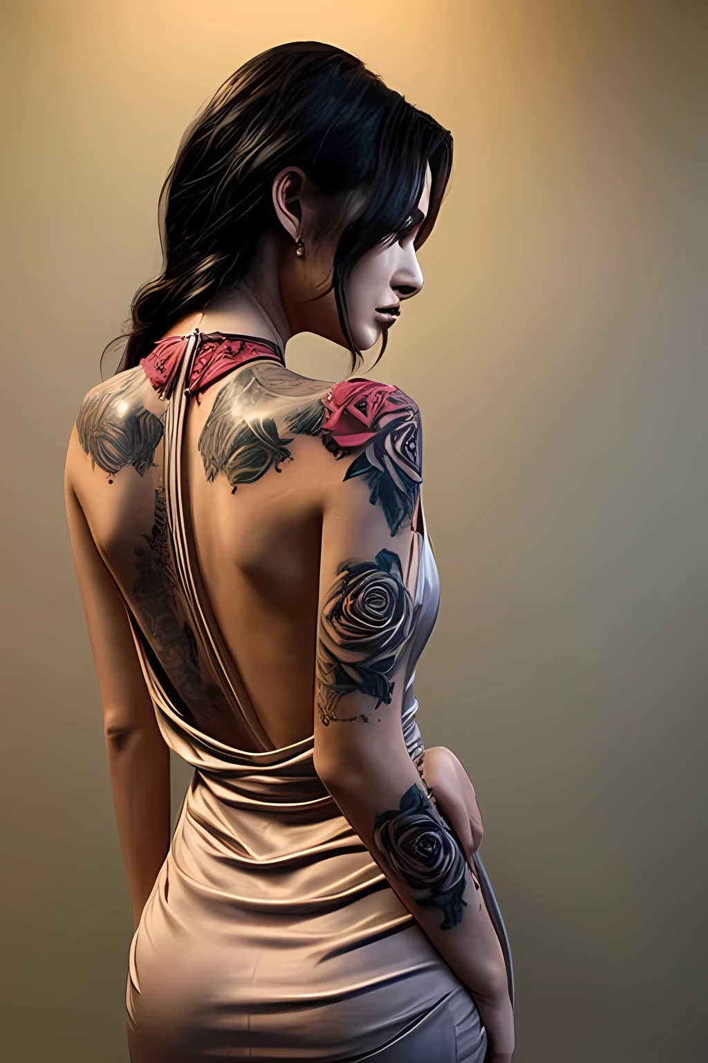 Woman's back view in a halter neck dress has a single rose tattooed on her back