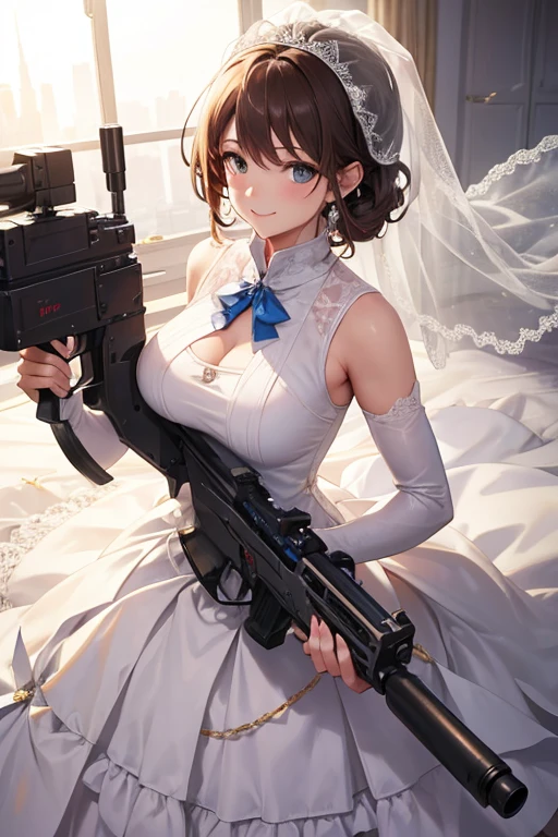 Pilot in a wedding dress,Wedding,destruction,{background:1.3 Her Mobile Weapon},smile,realistic,{perfection},{perfectionな顔},{{Super detailed}},{{masterpiece}},{{high quality}}