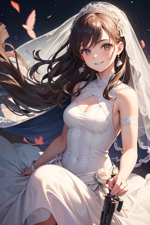 Pilot in a wedding dress,Wedding,destruction,{background:1.3 Her Mobile Weapon},smile,realistic,{perfection},{perfectionな顔},{{Super detailed}},{{masterpiece}},{{high quality}}