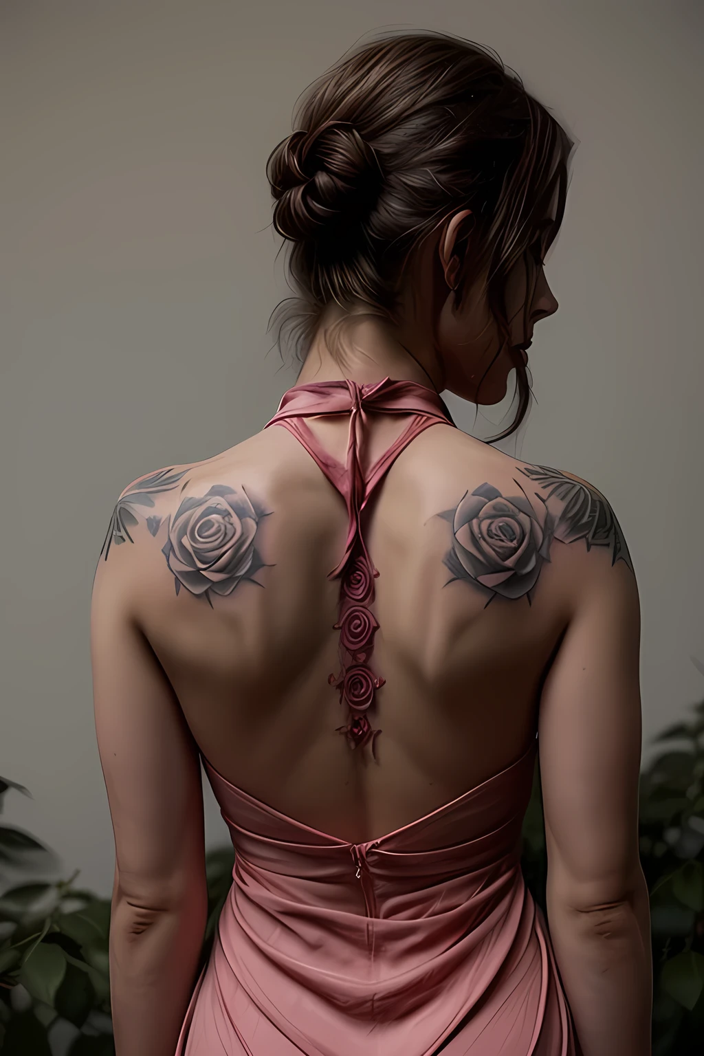 Woman's back view in a halter neck dress has a single rose tattooed on her back