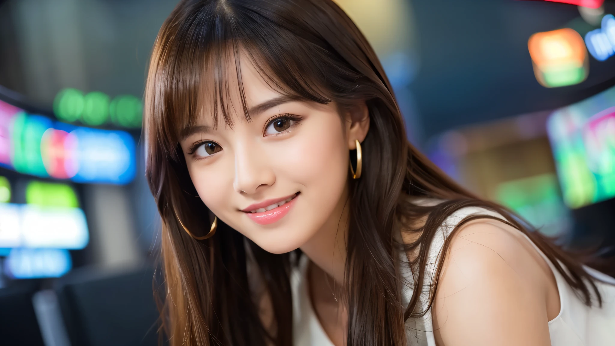 one person、female newscaster、young、beautiful、Female announcer、Shaped face contour、Long Hair、Brown Hair、Fine iris、Elegant、Sexy face、Glowing Skin、Juicy lips、An open, seductive smile、Thick eyelasheodel Body Type、Earrings、black stockings、blush、suit、Tight mini skirt、Perfect lighting、Perfect Shadow、Perfect Anatomy(((masterpiece))), ((highest quality)), ((Super detailed)), (CG illustration), (Very wicked and beautiful)), (Cute Desktop Face)