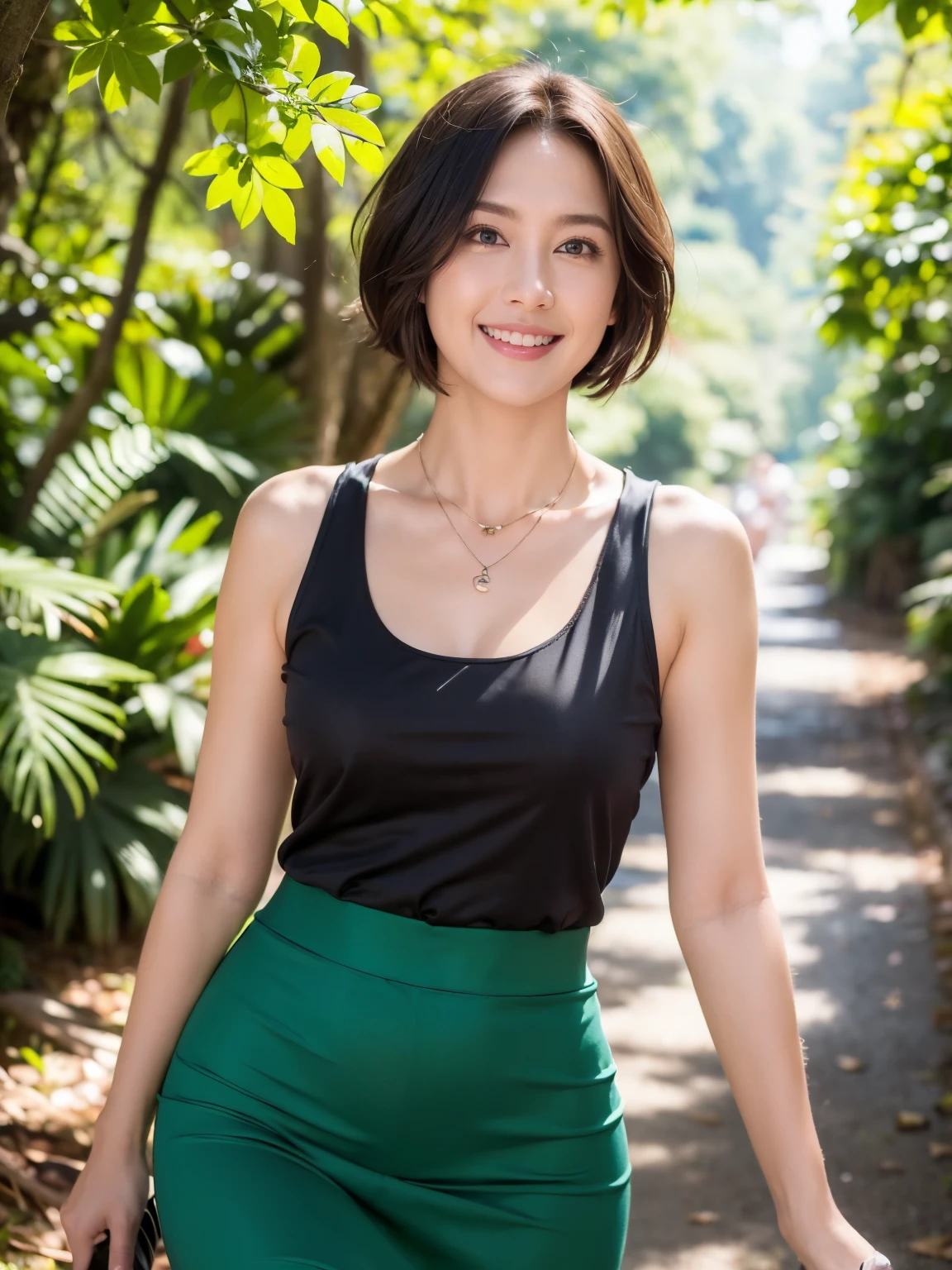 (RAW Photos:1.2), (Realistic:1.4),Beautiful detailed woman,非常にFine Eyesと顔, Fine Eyes, Very detailed,High resolution, Very detailed,highest quality,Awareness-raising,Unified,8k wallpaper,masterpiece,highest quality,1 female,alone,rich,Esbian all over,(A little chubby:0.85),Thick legs,alone,(Bright green business suit),(white ruffle blouse)、(Black long tight skirt:1.6),(pumps),jewelry, necklace ,short hair,A kind smile,A dignified atmosphere,black eye,Realistic,(The background is a vast forest:1.6)、Green grove、in the forest , plateau,(Stand upright:1.4)