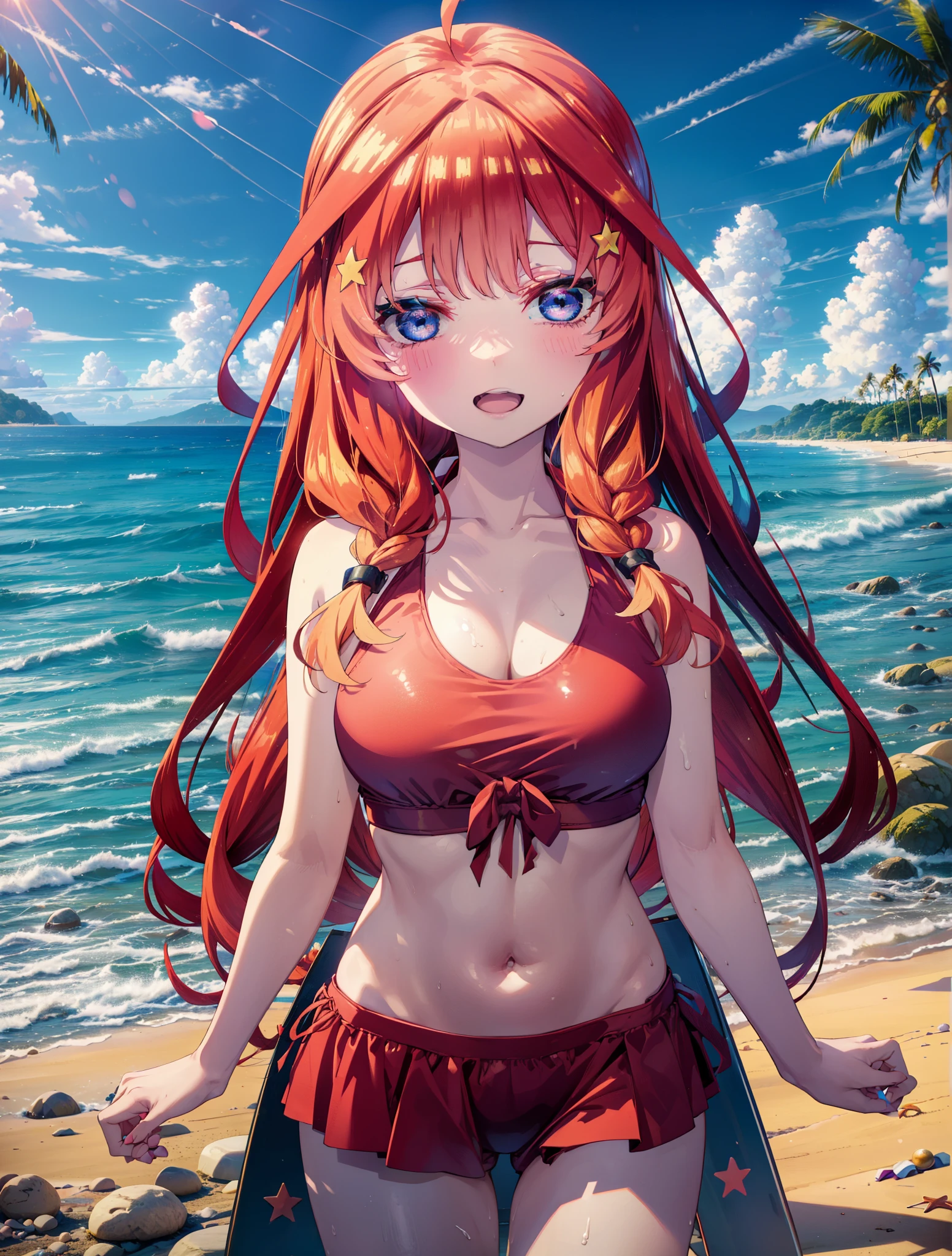 itsukinakano, Itsuki Nakano, bangs, blue eyes, Hair between the eyes, Ahoge, Redhead, star \(symbol\), hair ornaments, star hair ornaments,Big Breasts,Long braids,happy smile, smile, Open your mouth,Belly button,Red Bikini Swimsuit,Pareo Swimsuit,A long light red blanket is wrapped around his bare legs.,(Beach salon), Big Breasts,((salon)), Beach outfit,Real Summer,Palm tree,whole bodyがイラストに入るように,
break outdoors, Beach,
break looking at viewer, whole body,
break (masterpiece:1.2), highest quality, High resolution, unity 8k wallpaper, (shape:0.8), (Beautiful and beautiful eyes:1.6), Highly detailed face, Perfect lighting, Highly detailed CG, (Perfect hands, Perfect Anatomy),