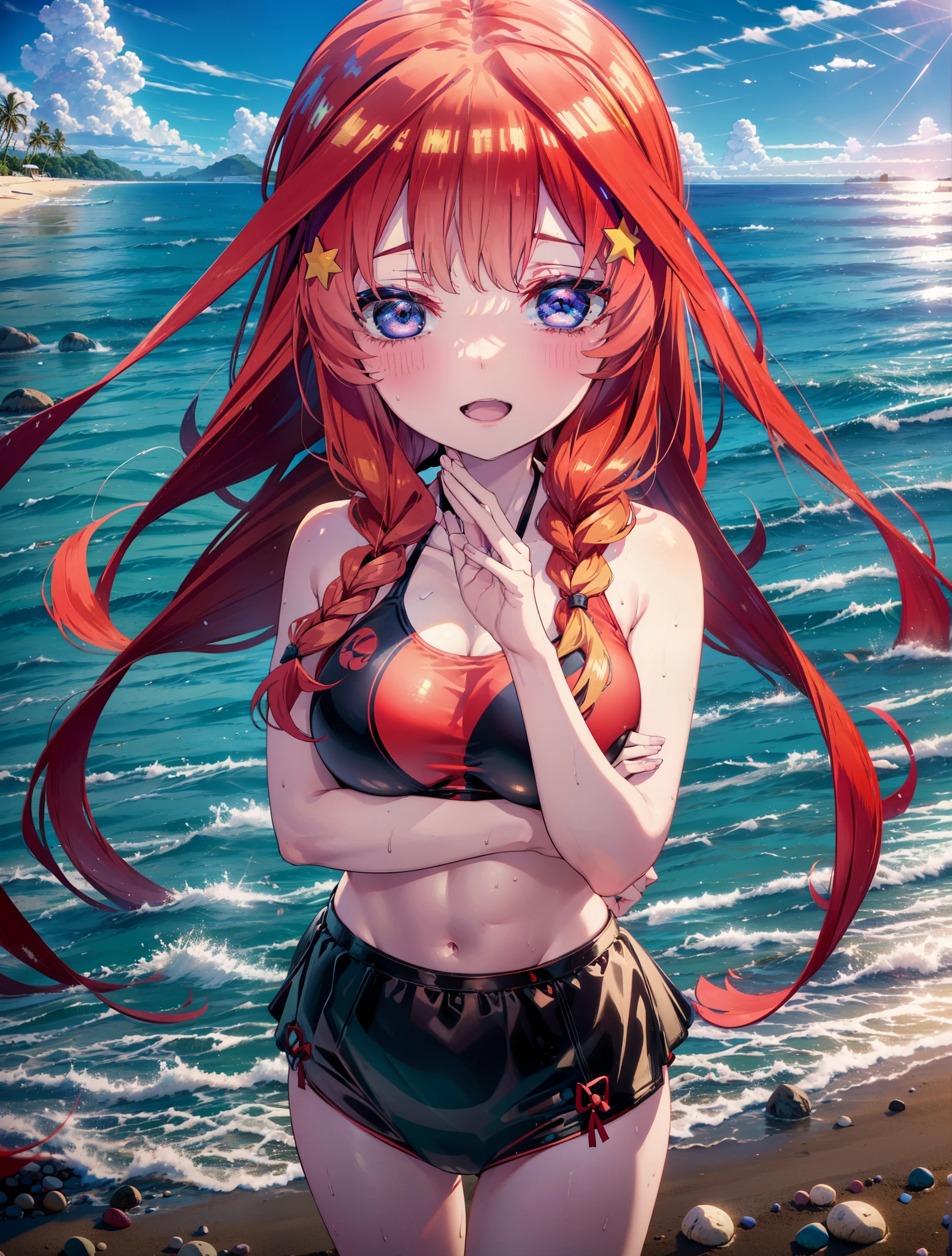 Shana,灼眼のShana,Long Hair, Red Hair, Red eyes, Ahoge,smile,blush,Open your mouth,Red bikini swimsuit with ruffles,barefoot,Wet Hair,Wet swimsuit,Wet Skin,Water Play,Daytime,Clear skies,True Summer,　　　　　　　　　　　　　　break outdoors, Ocean,Beach, 　　　　　　　　　　　　　break looking at viewer, whole body, 　　　　　　　　break (masterpiece:1.2), Highest quality, High resolution, unity 8k wallpaper, (shape:0.8), (Beautiful attention to detail:1.6), Highly detailed face, Perfect lighting, Highly detailed CG, (Perfect hands, Perfect Anatomy),