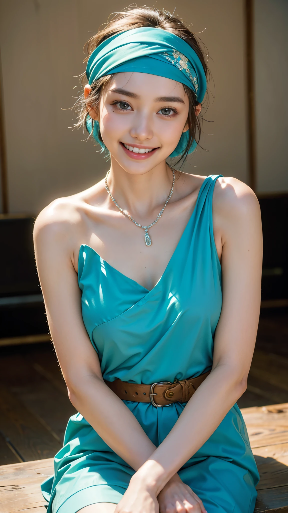 highest quality, masterpiece, Ultra-high resolution,8k, (Realistic:1.6), (Seated portrait) RAW Photos, 1 girl,((Night after work)),(Full of smiles, Showing teeth)), 22 years old,((Diamond jewellery)),((Formal suit)),((turquoise short hair)),((Wear a bandana on your head)),((Looking up at the audience)),Face Focus:1.4,((Simple solid color background)), Image Media Chest)),((Smiling with teeth showing)),