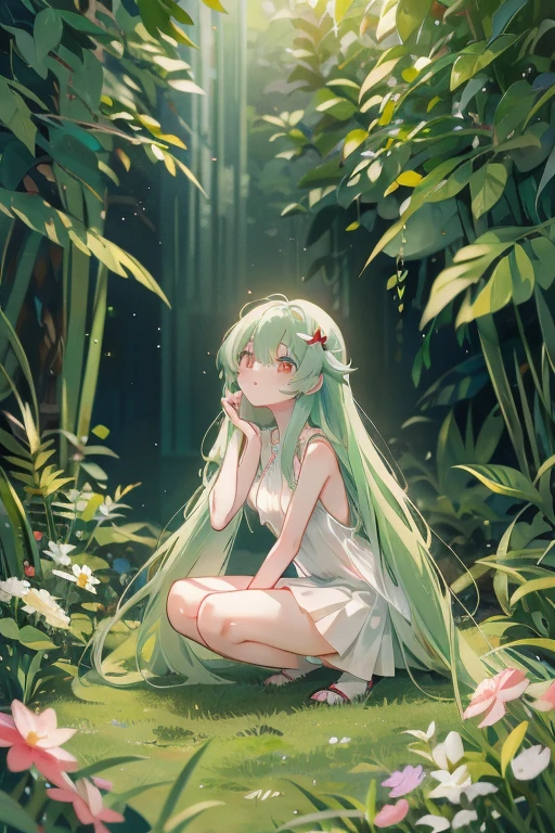 masterpiece, key anime visual, HDR, best quality, hi-res, (1 anime girl with red eyes and white skin), adolescent, (((light green hair))), (((straight hair that goes to her knees))), wearing a plain white sleeveless mini dress, wearing tan sandals with no socks, (((small breast))), in a garden, happy face, cute, looking up at camera, body angled, kneeling, bangs part left, left part, asymmetrical bang, wavy hair on both sides of her face that goes to her elbows, 1 single silver heart necklace on thin silver chain, 