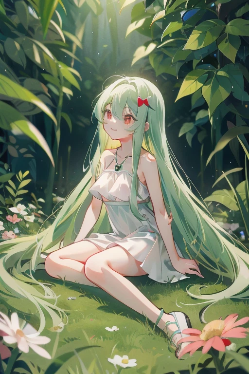 masterpiece, key anime visual, HDR, best quality, hi-res, (1 anime girl with red eyes and white skin), adolescent, (((light green hair))), (((straight hair that goes to her knees))), wearing a plain white sleeveless mini dress, wearing tan sandals with no socks, (((small breast))), in a garden, happy face, cute, looking up at camera, body angled, kneeling, bangs part left, left part, asymmetrical bang, wavy hair on both sides of her face that goes to her elbows, 1 single silver heart necklace on thin silver chain,
