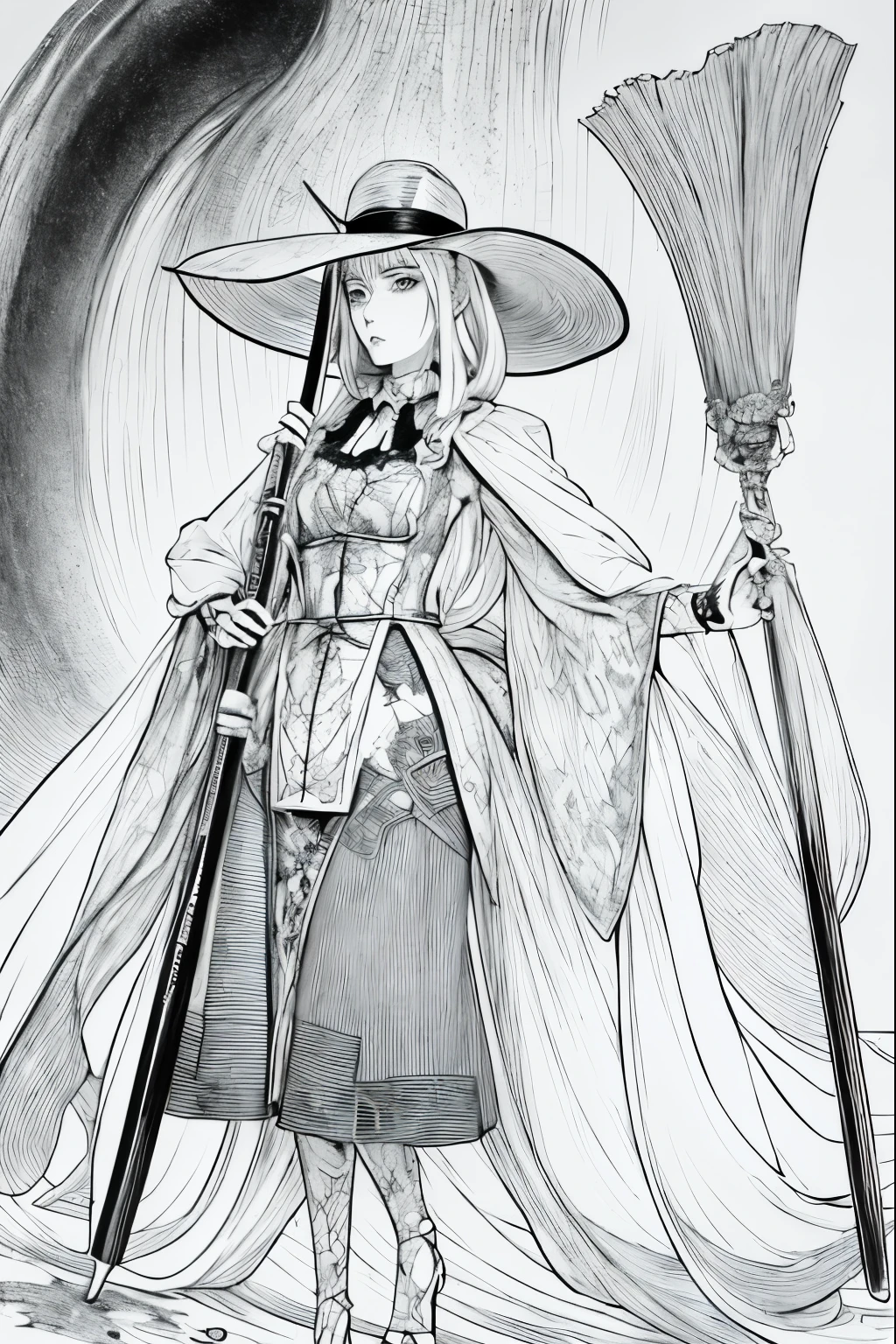 A painting of a costumed woman holding a hat and a walking stick, Manga drawn by Junpei Sato, Pixiv, Gothic art, pencil and Ink Manga, Beautiful line art, Pencil and ink cartoon, Shirow Masamuneスタイル, Shirow Masamune, Ink Manga, Very detailed fan art, Complex manga drawing