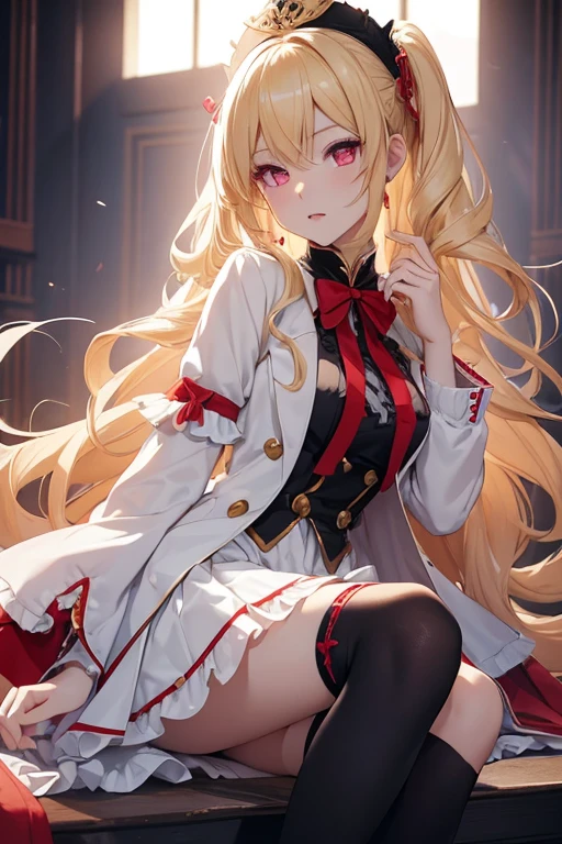 Yue is a beautiful vampire girl with wavy golden blonde hair, crimson red eyes, and a porcelain complexion tone of skin. Yue's outfit consists of a frilly white dress shirt and a black mini skirt with frills. She also wears a white coat with a blue lining, as well as a short pair of boots and knee-high socks.