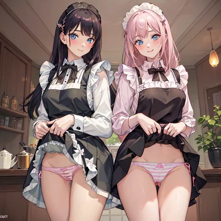 highest quality, masterpiece, ((2 girls:1.5)), ((smile:1.3)), (blush:1.3), Black Shirt, blouse, ((fun!!)), (Small breasts), Blonde, (Long sleeve), ((White apron:1.5)), ((Maid)), ((hair ornaments)), Kamimei, look at me, ((in house:1.5)), Taking a break from watching the audience, Cowboy Shot, (skirtlift:1.3), (Highly detailed pink striped panties:1.3), (Highly detailed panties:1.3), (skirt that rolls up:1.3), (Panties fully exposed:1.5), Light blue eyes, long hair, Glowing Eyes