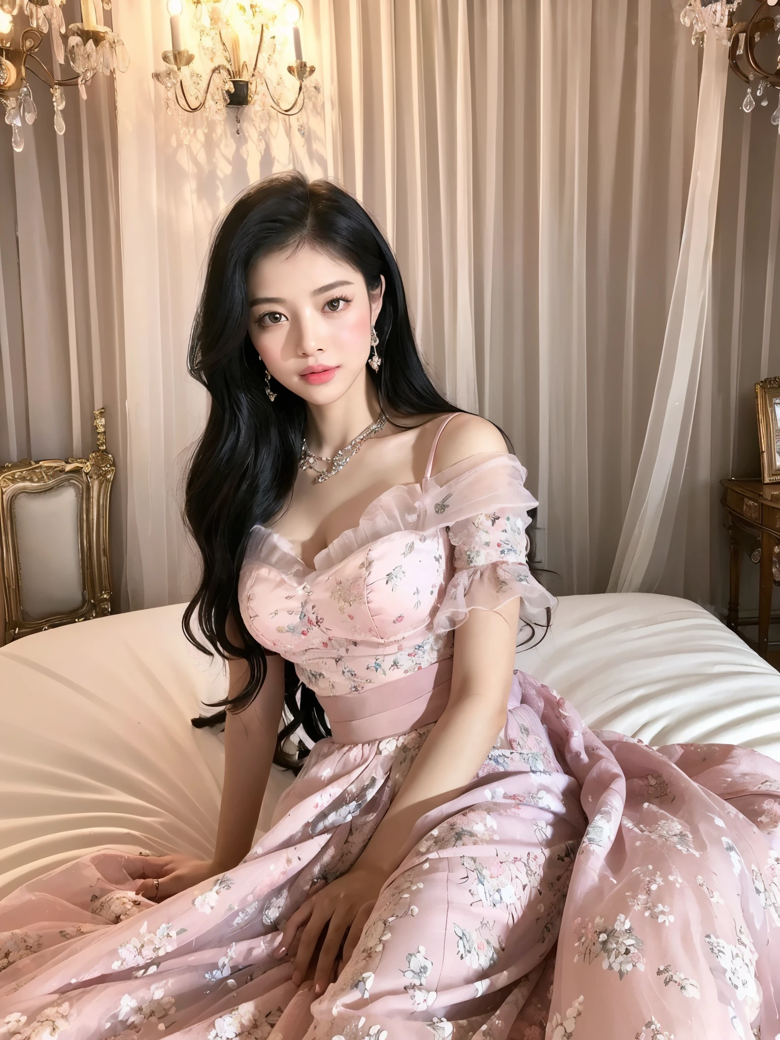 (((masterpiece))), (((highest quality: 1.4))), ((Very detailed: 1.4)) , ((Genuine:1.4)), One girl,(Bright lighting,Romantic atmosphere), So cute、Incredible cuteness、Dreamy Background,,Black Hair, Enchanting, , Soft Skin, Enchantingな美しさ, High-quality images, Vibrant colors,Pink floral long sheer skirt, mosquito net, romantic bedroom, Side suspension,Solobound,