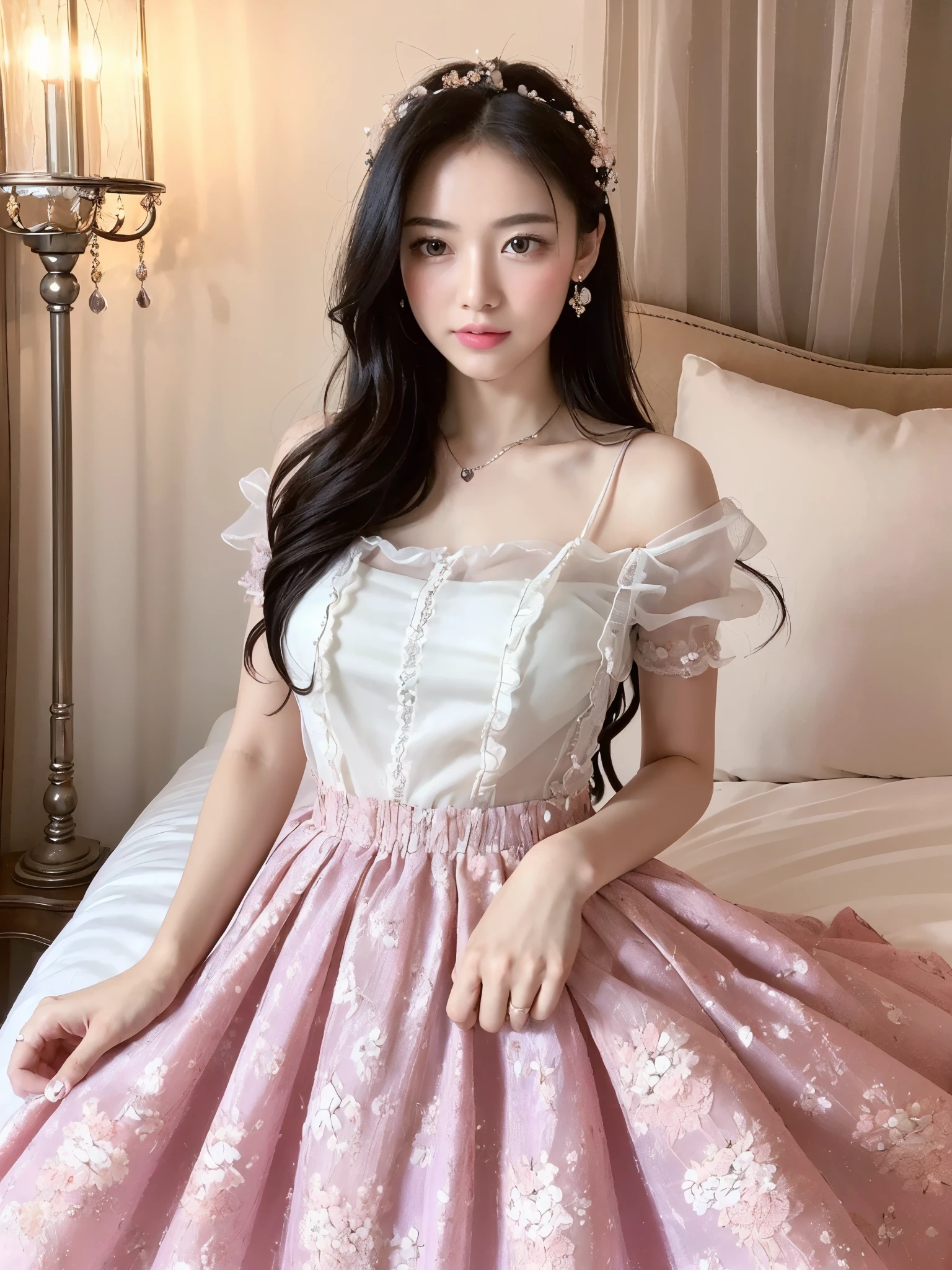 (((masterpiece))), (((highest quality: 1.4))), ((Very detailed: 1.4)) , ((Genuine:1.4)), One girl,(Bright lighting,Romantic atmosphere), So cute、Incredible cuteness、Dreamy Background,,Black Hair, Enchanting, , Soft Skin, Enchantingな美しさ, High-quality images, Vibrant colors,Pink floral long sheer skirt, mosquito net, romantic bedroom, Side suspension,Solobound,
