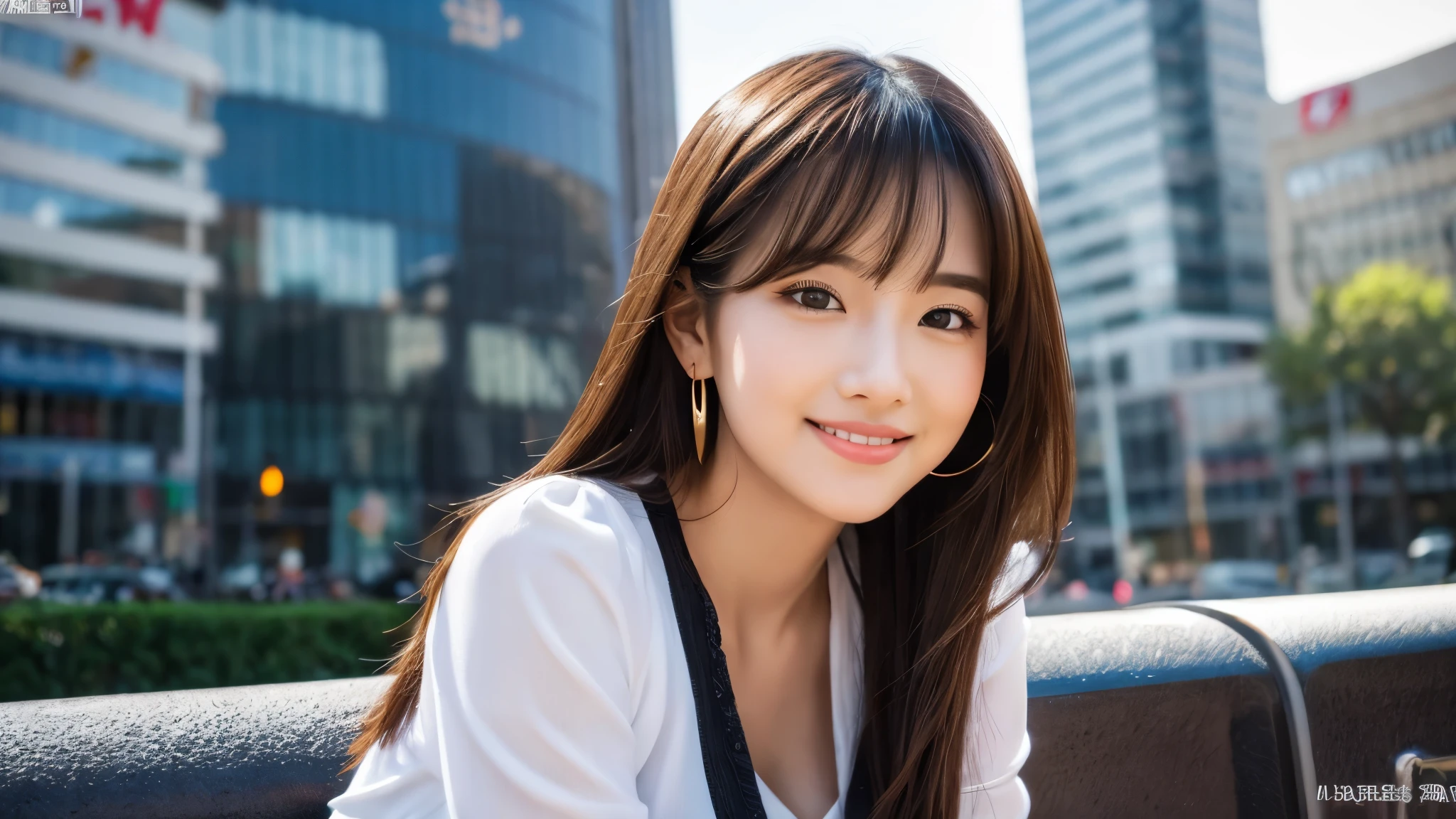one person、female newscaster、young、beautiful、Female announcer、Shaped face contour、Long Hair、Brown Hair、Fine iris、Elegant、Sexy face、Glowing Skin、Juicy lips、An open, seductive smile、Thick eyelasheodel Body Type、Earrings、black stockings、blush、suit、Tight mini skirt、Perfect lighting、Perfect Shadow、Perfect Anatomy(((masterpiece))), ((highest quality)), ((Super detailed)), (CG illustration), (Very wicked and beautiful)), (Cute Desktop Face)