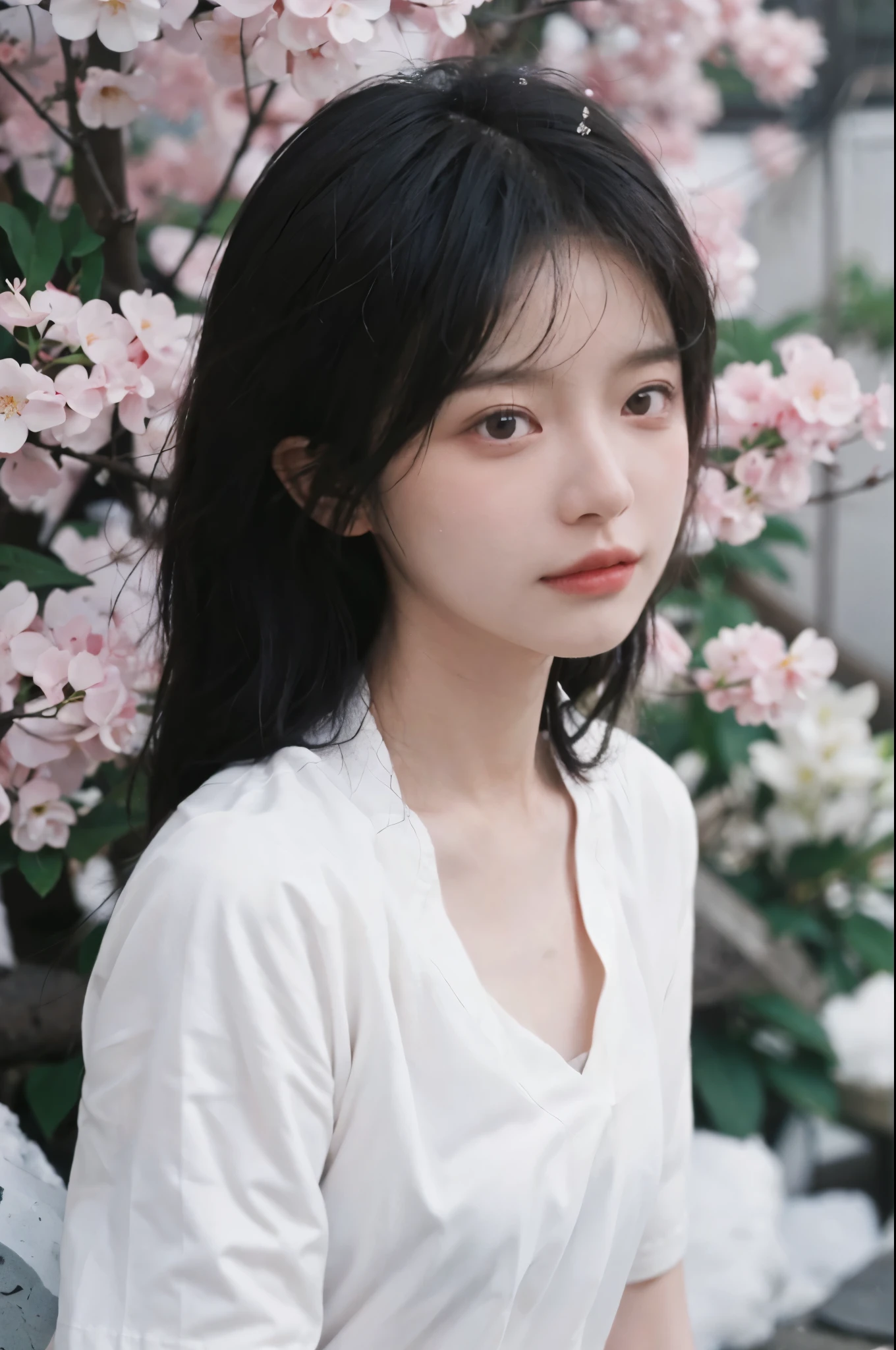 best quality, ultra high resolution, White background,(realistically:1.4), 2 girls, White short sleeves,twin? Cherry blossom rain,A pair of eyes as clear as snow,Royal sister,looking at the audience, close up ,
