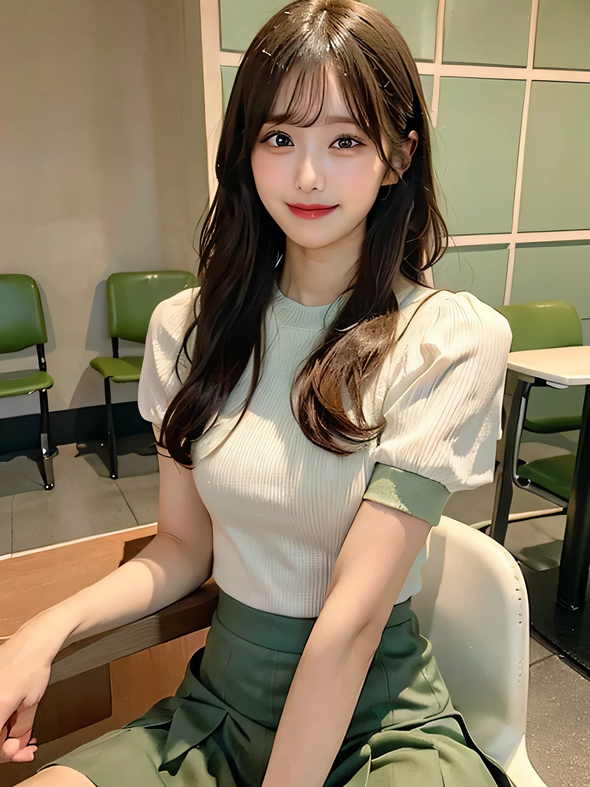 Shyness、smile、((Browsing Caution))、、((Camel Toe))、((Female organ:1.1))、(masterpiece, Best image quality:1.2), 8k, beautiful girl, (When I lifted up my short green skirt, I can see her lower body.、I can see your crotch:1.8)、Short sleeveのピンク色のシャツ、Cute Face、 Pink Hair、Body Shot、、 (Navy Pleated Skirt:1.1)、Thighs、Short sleeve、smile、Orange wall、Tucked up skirt、Sitting in a chair、Thighs are visible、sexy