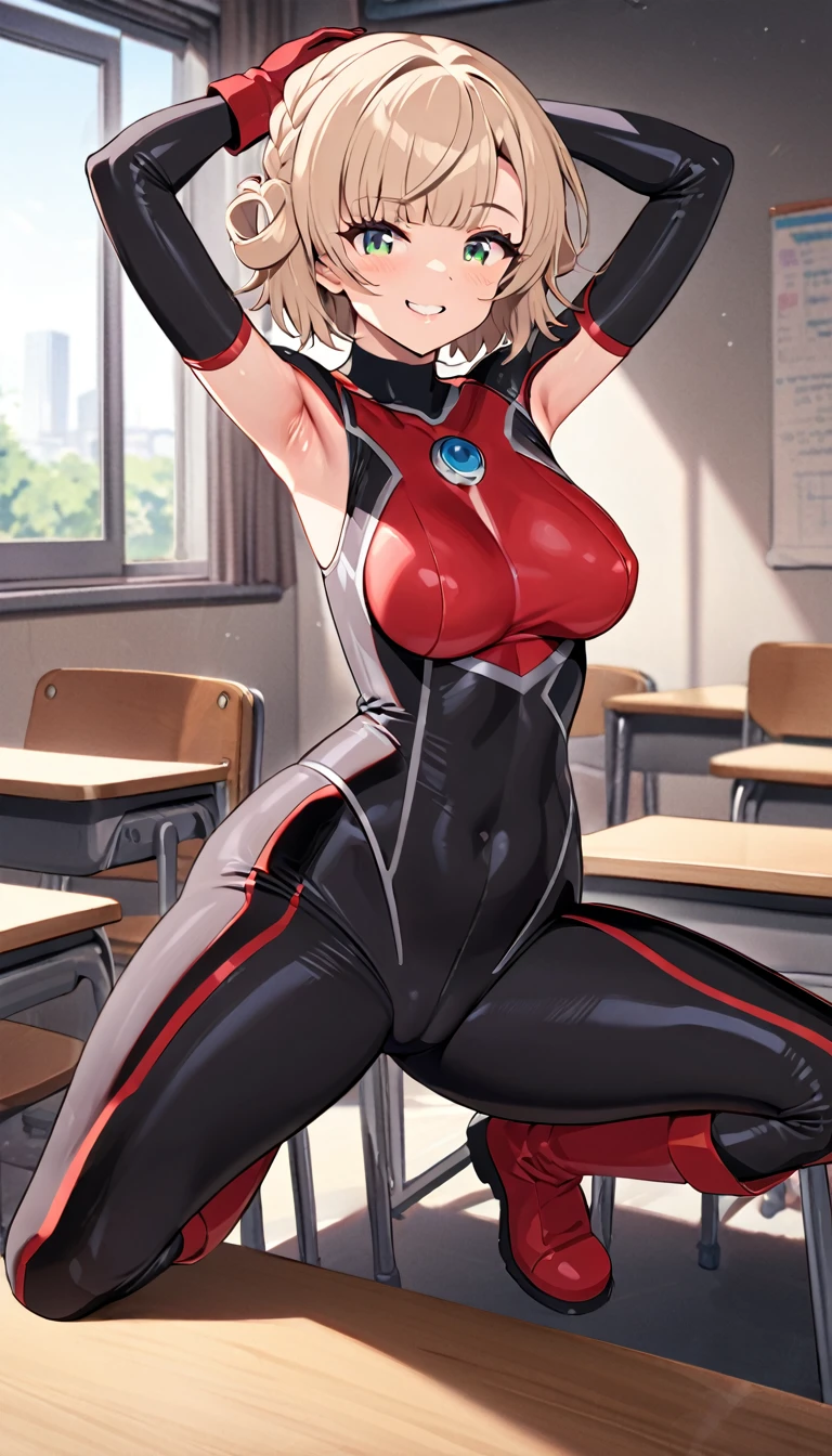 (full body),masterpiece, highest quality, High resolution, Anime Style, ultragirl, bodysuit,A body-hugging, full-body suit,Gloves,boots,shigure ui,One Girl, alone, Cowboy Shot, Sitting, classroom, mechanical, Place one hand on the table,sit,Squat,Spread your legs, smile, Show me your armpits, Raise your arms