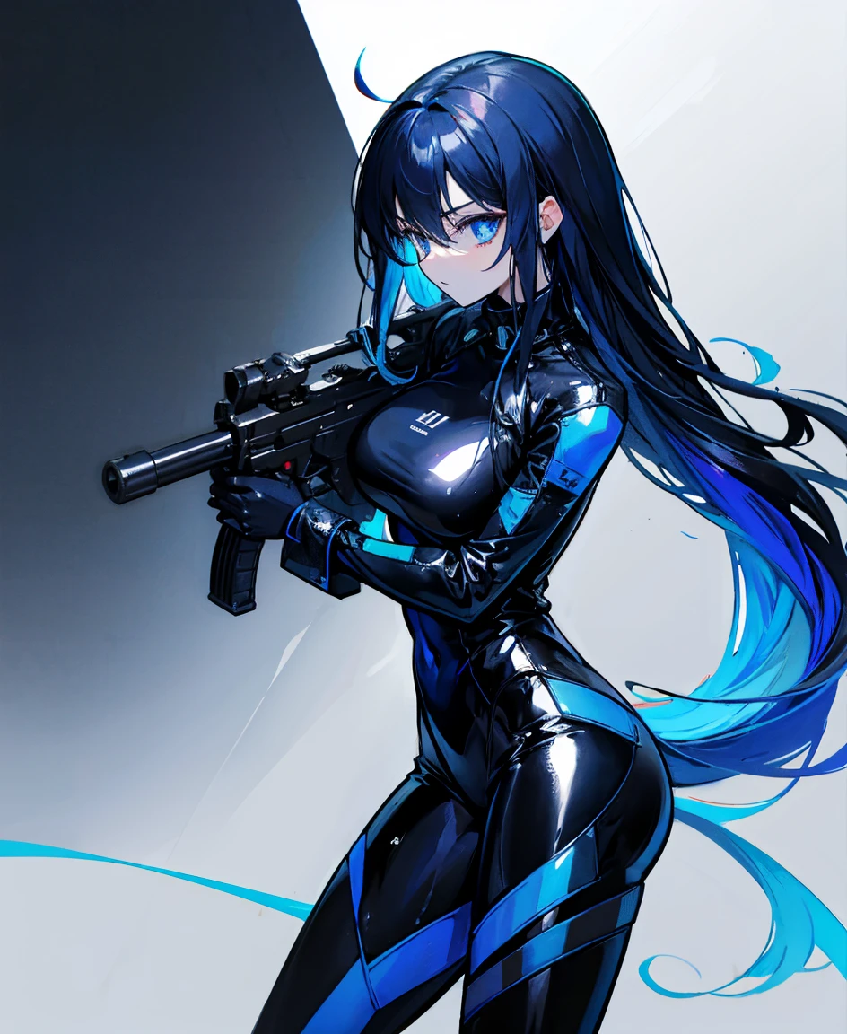 There is no background,girl,Carry a firearm,Patent leather tight suit,Use of firearms,Navy blue long hair,attention arousal,Blue colored eyes,No gradients