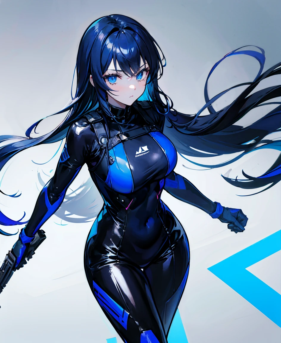 There is no background,girl,Carry a firearm,Patent leather tight suit,Use of firearms,Navy blue long hair,attention arousal,Blue colored eyes,No gradients