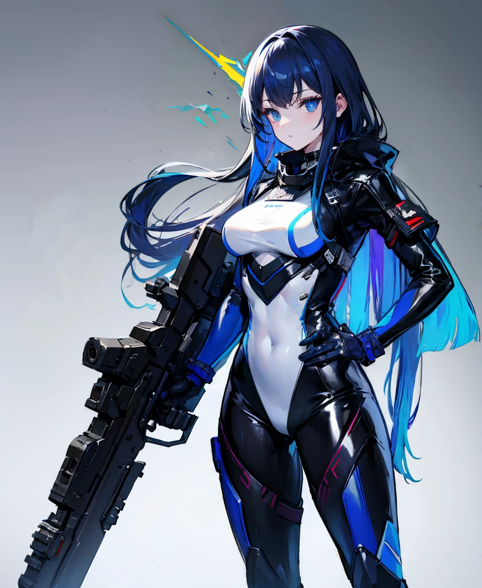There is no background，girl，Carry a firearm，Patent leather tight suit，Use of firearms，Navy blue long hair，attention arousal，Blue colored eyes,No gradients