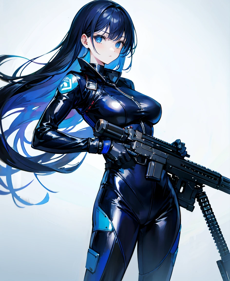 There is no background，girl，Carry a firearm，Patent leather tight suit，Use of firearms，Navy blue long hair，attention arousal，Blue colored eyes,No gradients