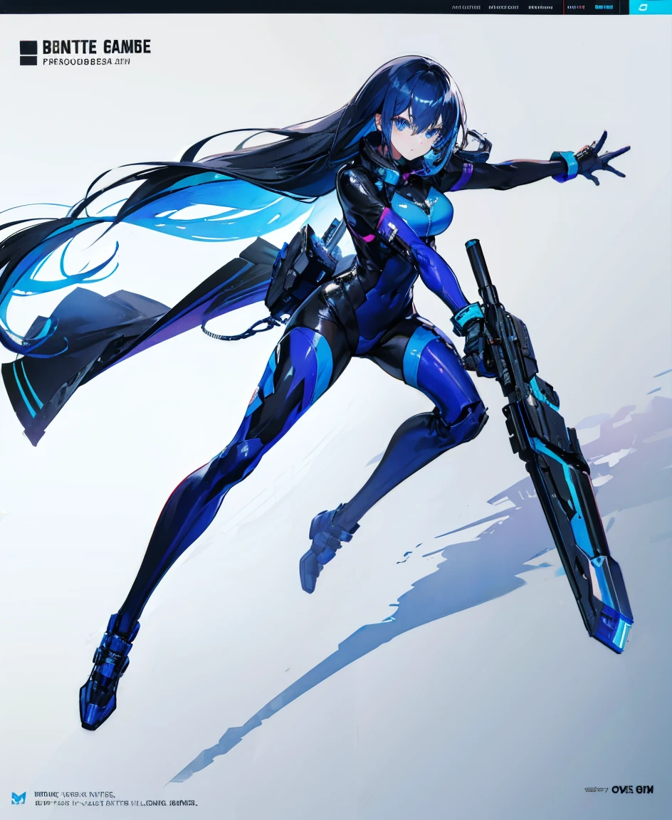 There is no background,girl,Carry a firearm,Patent leather tight suit,Use of firearms,Navy blue long hair,attention arousal,Blue colored eyes,No gradients