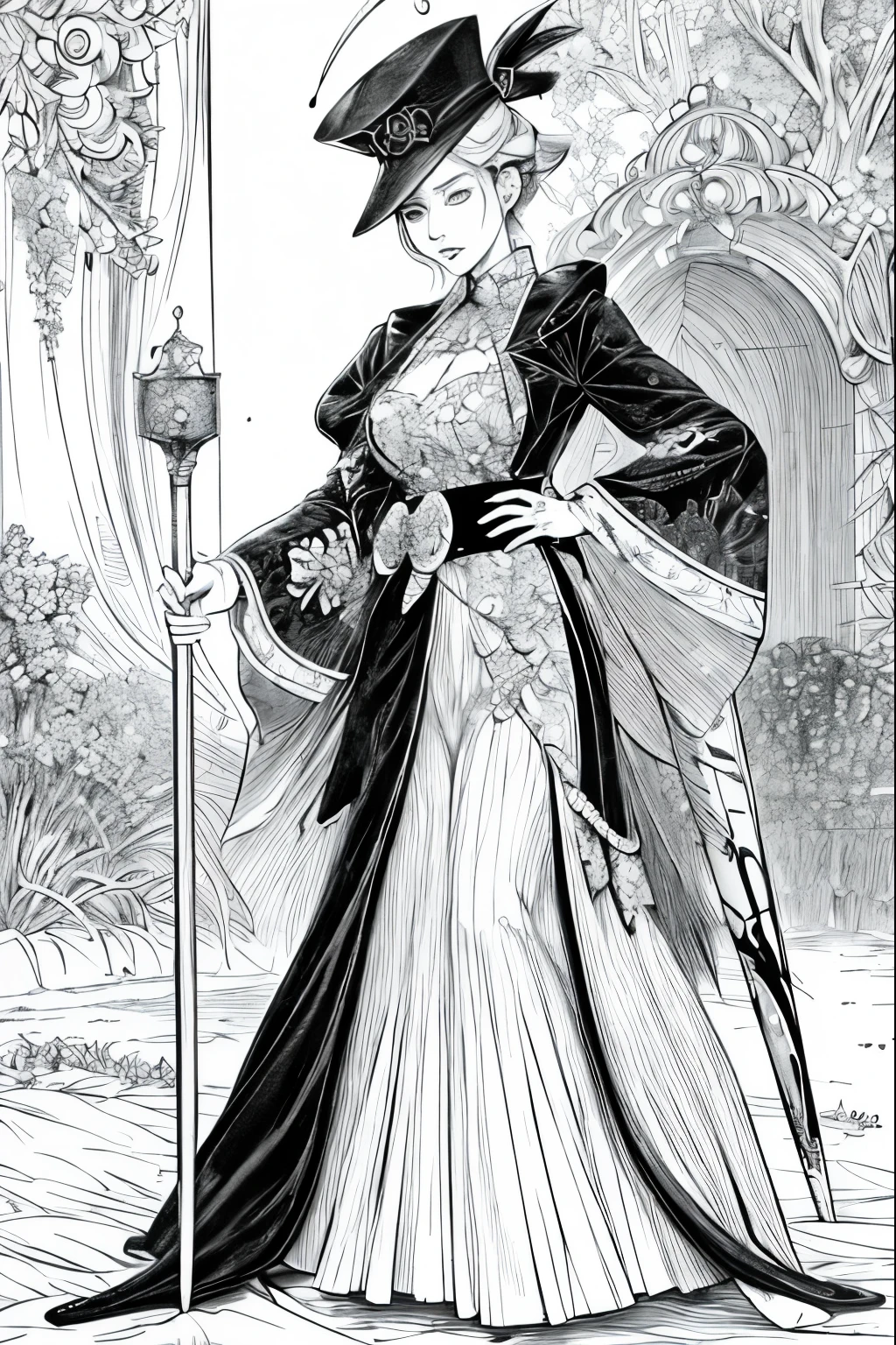 A painting of a costumed woman holding a hat and a walking stick, Manga drawn by Junpei Sato, Pixiv, Gothic art, pencil and Ink Manga, Beautiful line art, Pencil and ink cartoon, Shirow Masamuneスタイル, Shirow Masamune, Ink Manga, Very detailed fan art, Complex manga drawing