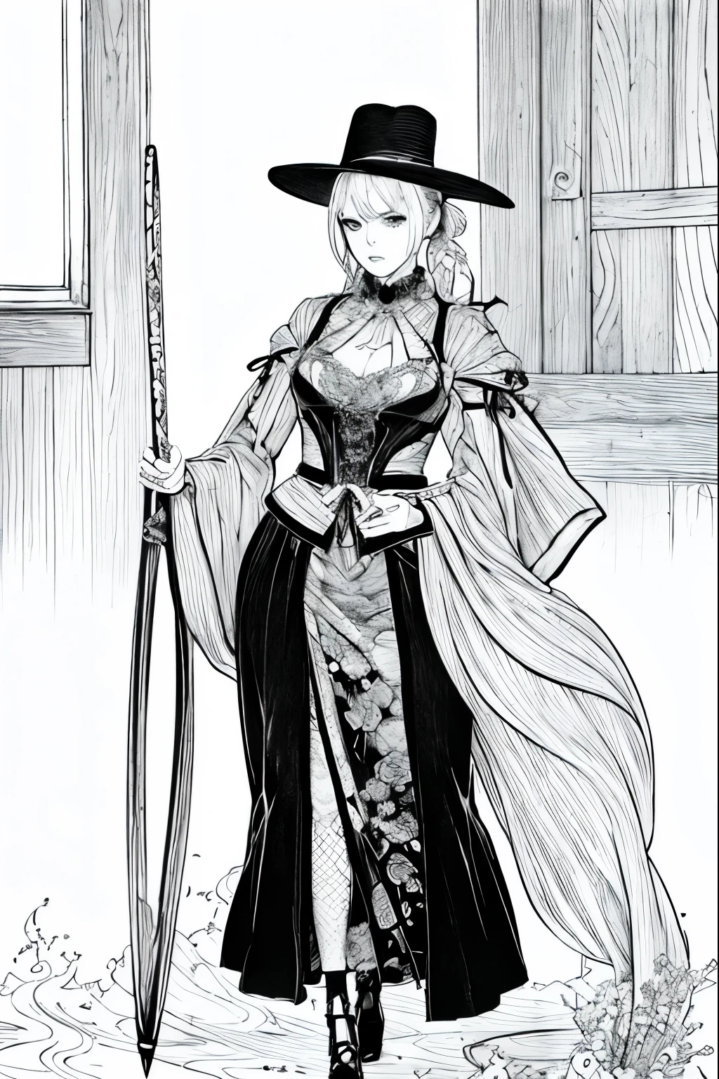 A painting of a costumed woman holding a hat and a walking stick, Manga drawn by Junpei Sato, Pixiv, Gothic art, pencil and Ink Manga, Beautiful line art, Pencil and ink cartoon, Shirow Masamuneスタイル, Shirow Masamune, Ink Manga, Very detailed fan art, Complex manga drawing