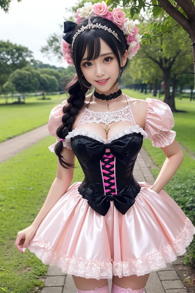 nsfw, sexy Thai princess, only 1 female, ((doll-like appearance)), short neon pink stylish hair, ((shiny Victorian-Style boots)), (big smile), ultra detailed eyes, vivid eye makeup, lipgloss, long lashes, defined eyebrows, ((sexy Paradise Kiss cosplay)), bell-shaped skirt, petticoats, high neckline, puffed sleeves, ((ultra detailed lace)), ((ultra detailed embroidery)), intricate details, Paradise Kiss accessoires and matching headpiece, choker, ((large sparkling Paradise Kiss jewelry)), cinematic light, detailed large park background with trees