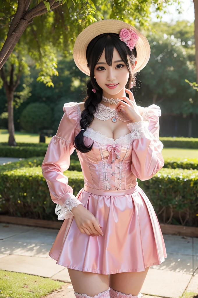 nsfw, sexy Thai princess, only 1 female, ((doll-like appearance)), short neon pink stylish hair, ((shiny Victorian-Style boots)), (big smile), ultra detailed eyes, vivid eye makeup, lipgloss, long lashes, defined eyebrows, ((sexy Paradise Kiss cosplay)), bell-shaped skirt, petticoats, high neckline, puffed sleeves, ((ultra detailed lace)), ((ultra detailed embroidery)), intricate details, Paradise Kiss accessoires and matching headpiece, choker, ((large sparkling Paradise Kiss jewelry)), cinematic light, detailed large park background with trees