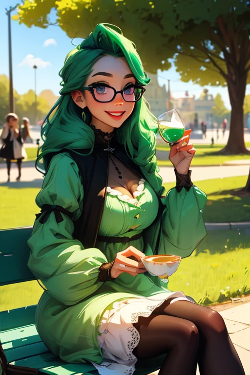 Perfect faces. Perfect hands. A green haired woman with violet eyes and an hourglass figure and glasses is drinking tea in the garden in the early morning light