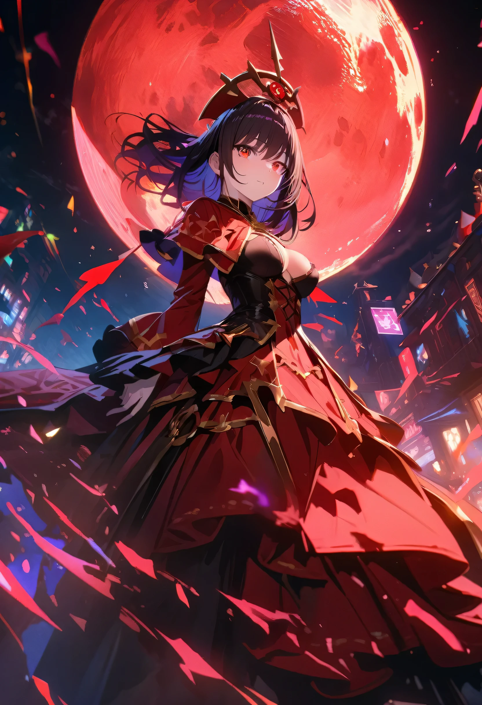 Red Necromancer, Blood Moon, Ray Tracing, masterpiece, highest quality, super high quality, Absurd detailed, best Light, Best Shadow, sharp, sharp image, detailed, extremely detailed, Amazing resolution, 8k, 4K, Ultra-high resolution, Particle Effects, Beautiful Effects, Vibrant colors, neon Light, neon, Light,