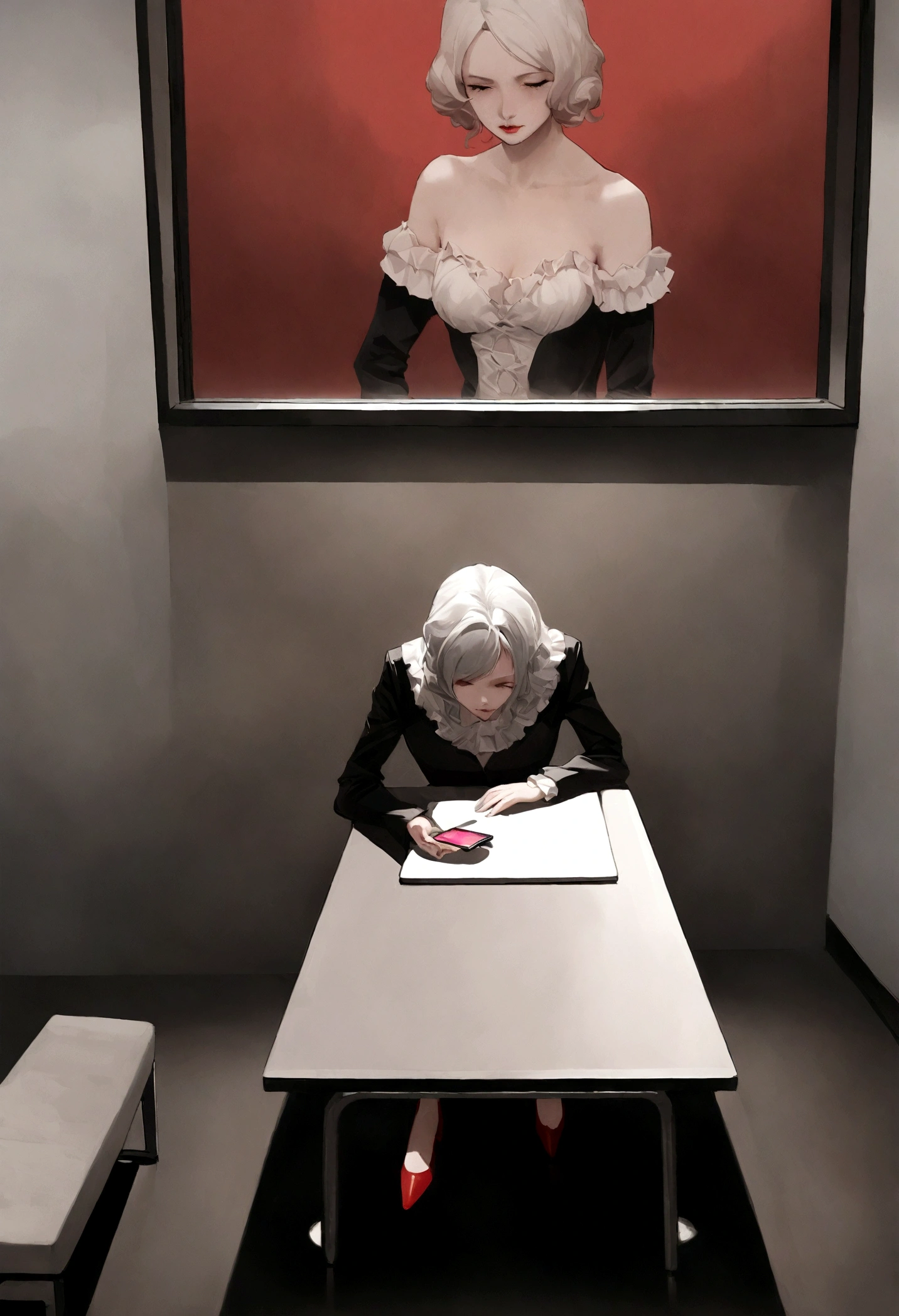 Une belle vraie femme de 33 ans, wearing a black blazer and a cute white ruffled blouse, black pants and red stiletto shoes in a marketing office with modern furniture, un ordinateur portable et un iphone 14 sur une jolie table avec un fond de tables, et d'écran elle est debout 