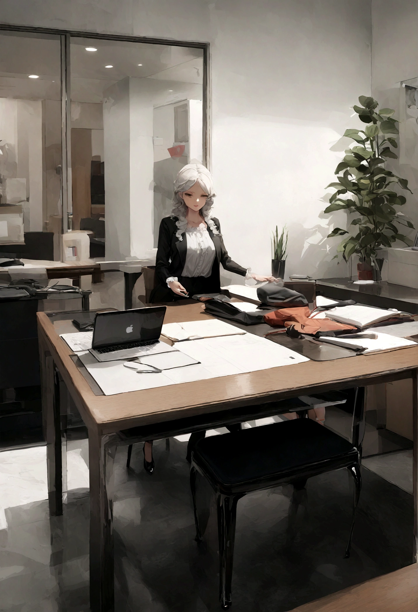 Une belle vraie femme de 33 ans, wearing a black blazer and a cute white ruffled blouse, black pants and red stiletto shoes in a marketing office with modern furniture, un ordinateur portable et un iphone 14 sur une jolie table avec un fond de tables, et d'écran elle est debout 