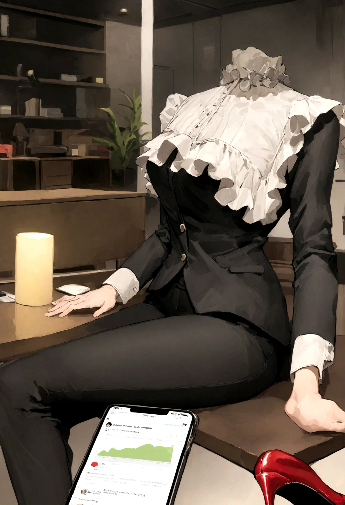 Une belle vraie femme de 33 ans, wearing a black blazer and a cute white ruffled blouse, black pants and red stiletto shoes in a marketing office with modern furniture, un ordinateur portable et un iphone 14 sur une jolie table avec un fond de tables, et d'écran elle est debout 