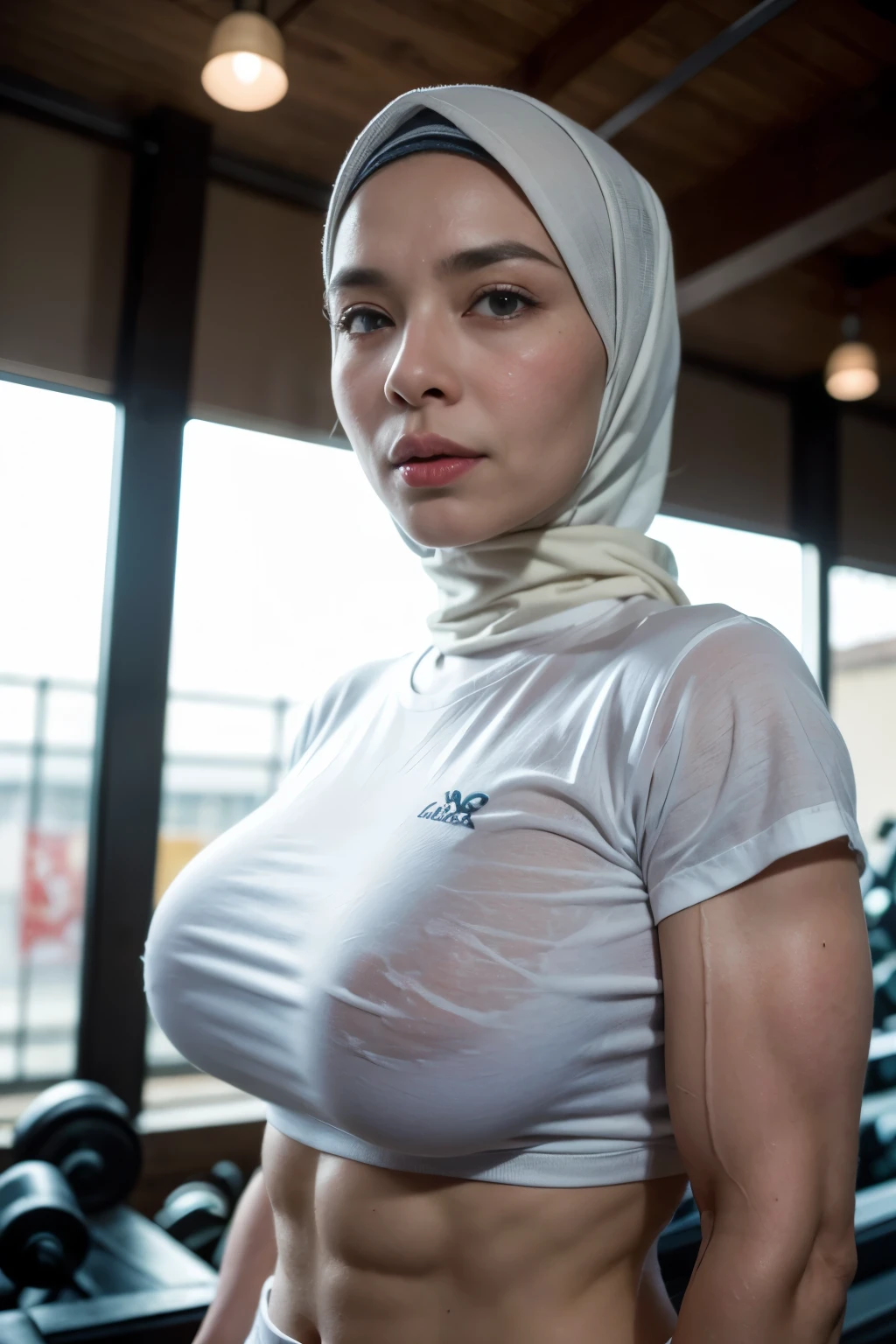 ((LINGERIE BRA)), Very huge boobs, Very very wet Lingerie ((very wet Lingerie)), (((wearing LINGERIE))), ((Old Lady:1.4)), ((SHORT HIJAB)), ((Gigantic tits:1. 6)), (dynamic photograph of a 58 year old Indonesian woman), (slim top, cotton panties), (straight non curly hair), (highly detailed face:1.4), (vascular muscles and abs:1.3), (background inside light, bright, private gym:1.1), (8k, uhd, dslr, high quality, cinematic lighting, bokeh), (dramatic, female Bodybuilder photography, incredible masterpiece:1.3), (((sexy sultry stare at camera:0.8))), ((she is ready to dominate you:0.5)), ((beautiful feminine face)), add_detail:1, (((wearing huge white t-shirt without picture ))),