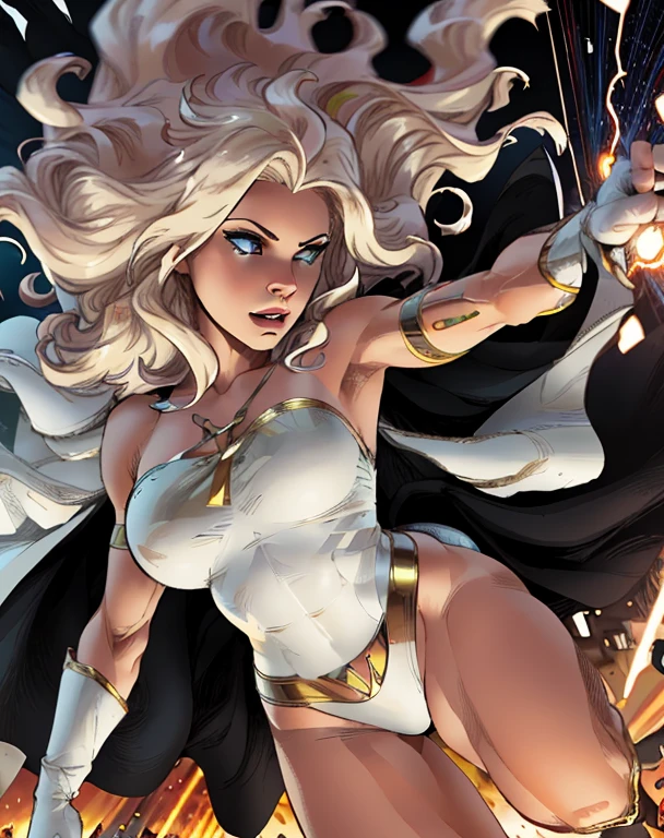 1 garota, Sozinho, altamente insanamente detalhado, Obra de arte, maximum quality, melhor qualidade, high resolution, 4k, 8K, Foto CRU, 
Senhora Virtude, cabelo loiro, collant, armaduras, cape, 
Comic style, arte linear,
dynamic pose, 
dynamic weather, dynamic colors, random colors, 
 