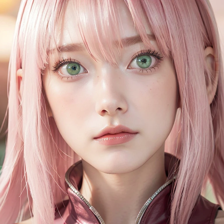 young woman, short shoulder-length pink hair, wide forehead, porcelain skin, pink eyebrows, big emerald green eyes, buttoned nose, full lips, heart-shaped face, slender body, small breasts, red tank top, Sakura Haruno , realistic, realism, details, 3d, well detailed