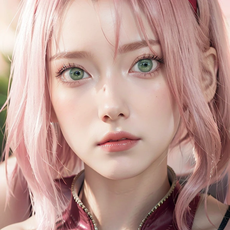 young woman, short shoulder-length pink hair, wide forehead, porcelain skin, pink eyebrows, big emerald green eyes, buttoned nose, full lips, heart-shaped face, slender body, small breasts, red tank top, Sakura Haruno , realistic, realism, details, 3d, well detailed