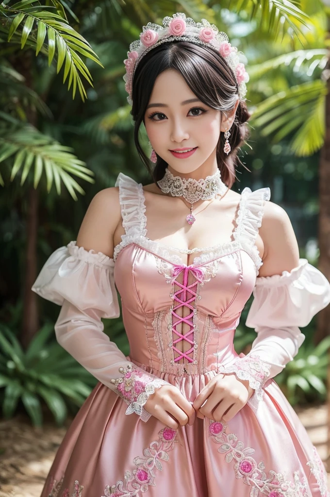 nsfw, sexy Thai princess, only 1 female, ((doll-like appearance)), short neon pink stylish hair, ((shiny Victorian-Style boots)), (big smile), ultra detailed eyes, vivid eye makeup, lipgloss, long lashes, defined eyebrows, ((sexy Paradise Kiss cosplay)), bell-shaped skirt, petticoats, high neckline, puffed sleeves, ((ultra detailed lace)), ((ultra detailed embroidery)), intricate details, Paradise Kiss accessoires and matching headpiece, choker, ((large sparkling Paradise Kiss jewelry)), cinematic light, detailed large park background with trees